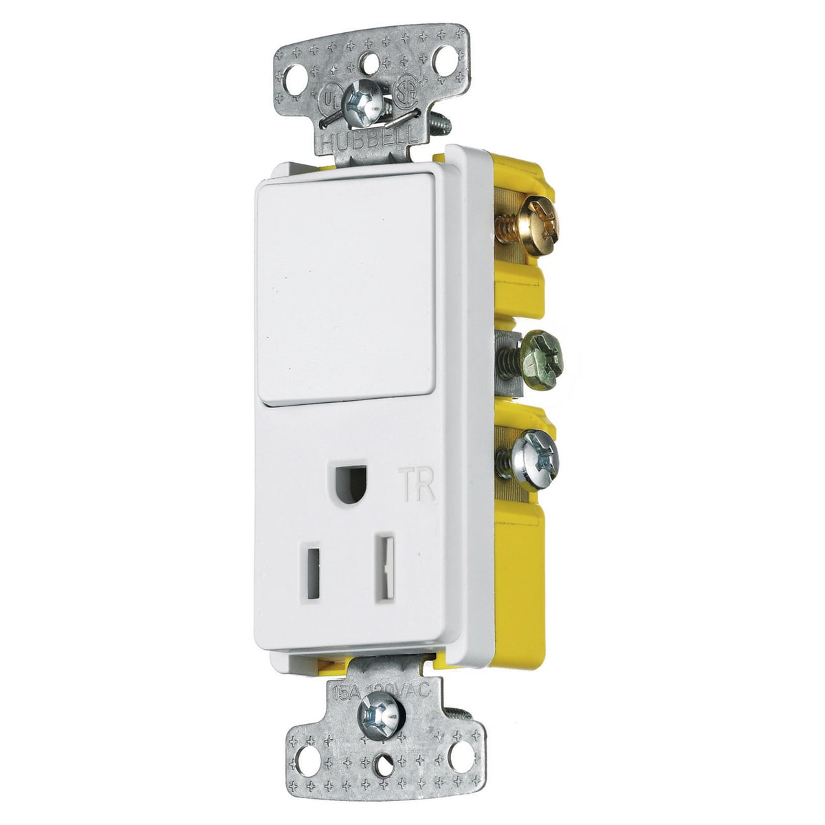 RCD308WTR Decorator 2-Position 3-Way Rocker Snap Action Tamper-Resistant Switch and Receptacle Combination Device, Electrical Ratings: 15 A at 120/125 VAC, 2 Poles, 3 Wires, 14 to 12 AWG Copper Wire, Snap Switch Reset