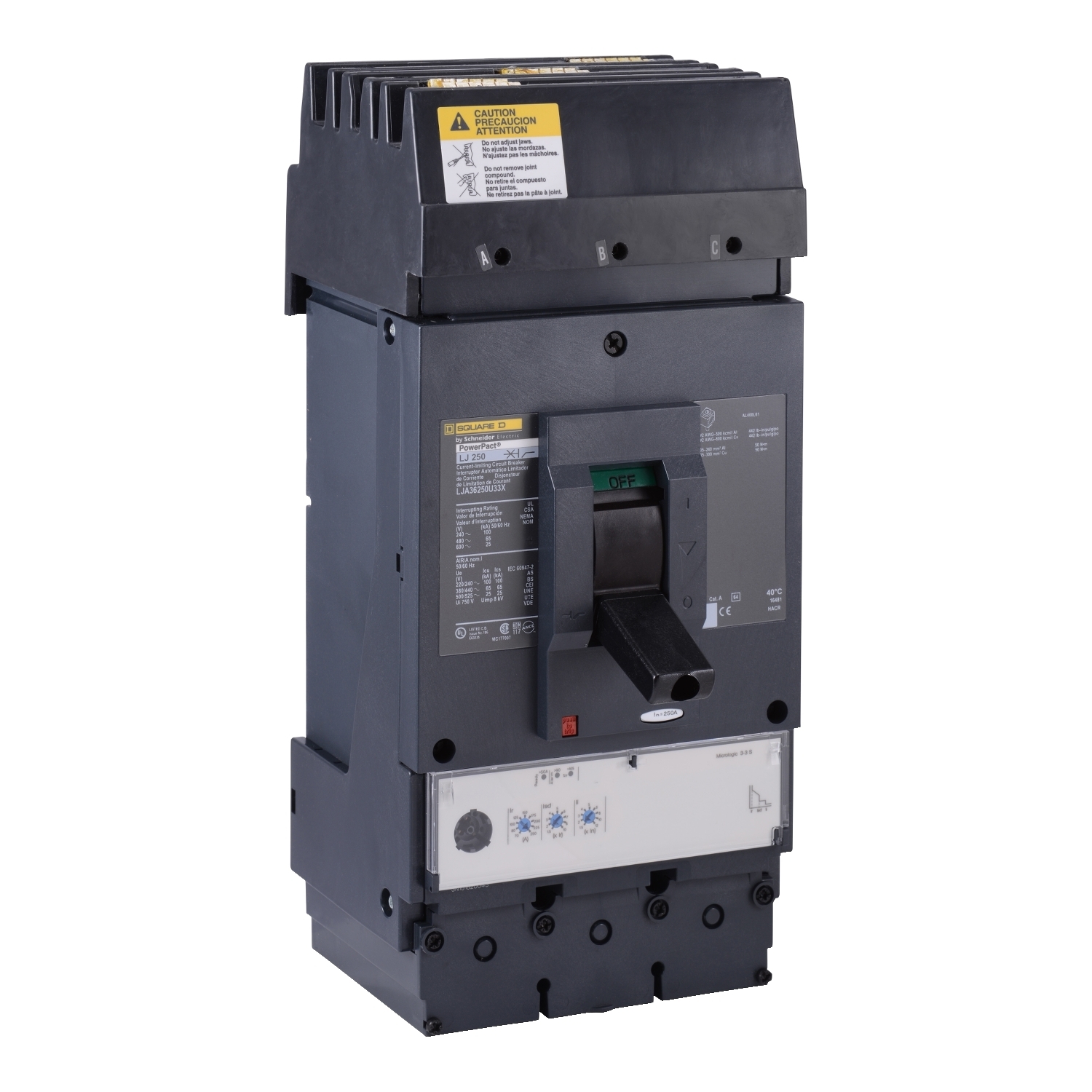 Circuit breaker, PowerPacT L, 250A, 3 pole, 600VAC, 25kA, I-Line, MicroLogic 3.3S, 80%, ABC