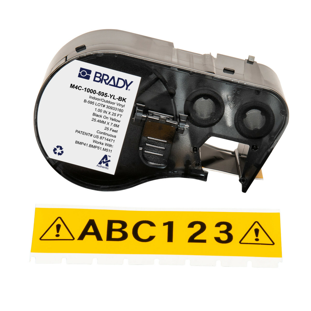 M4C-1000-595-YL-BK General Permanent Adhesive, 25 ft L x 1 in W, Black on Yellow, B-595 Vinyl