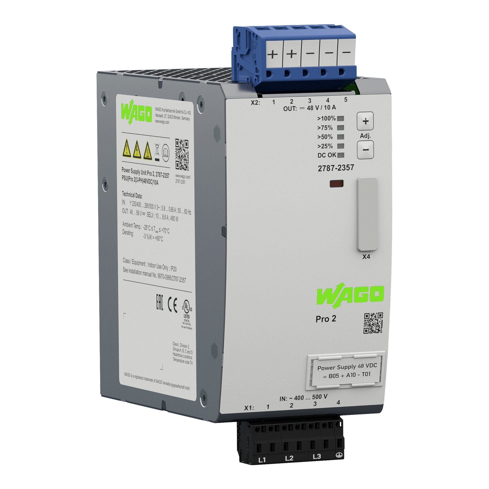 2787-2357 3-Phase, 550 V Input, 48 V DC Output, DIN Rail Mount