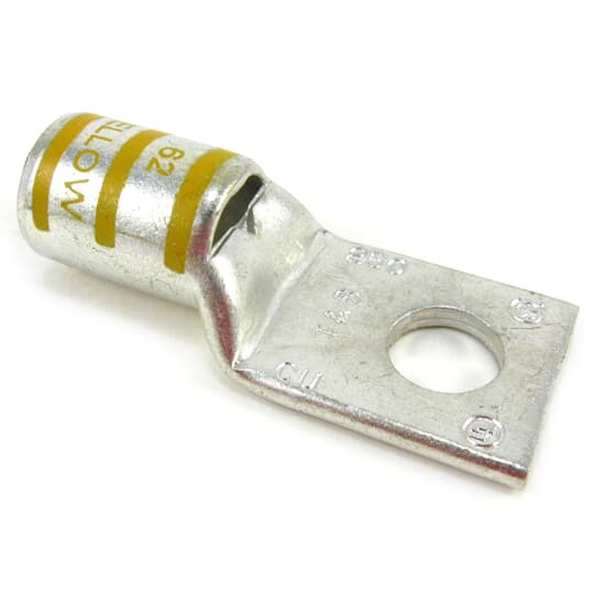 54113T Color-Keyed 54100 1-Hole Non-Insulated Compression Lug Connector With Peep Hole, 250 kcmil Copper Conductor, Die Code: 62, 1/2 in Stud, Copper