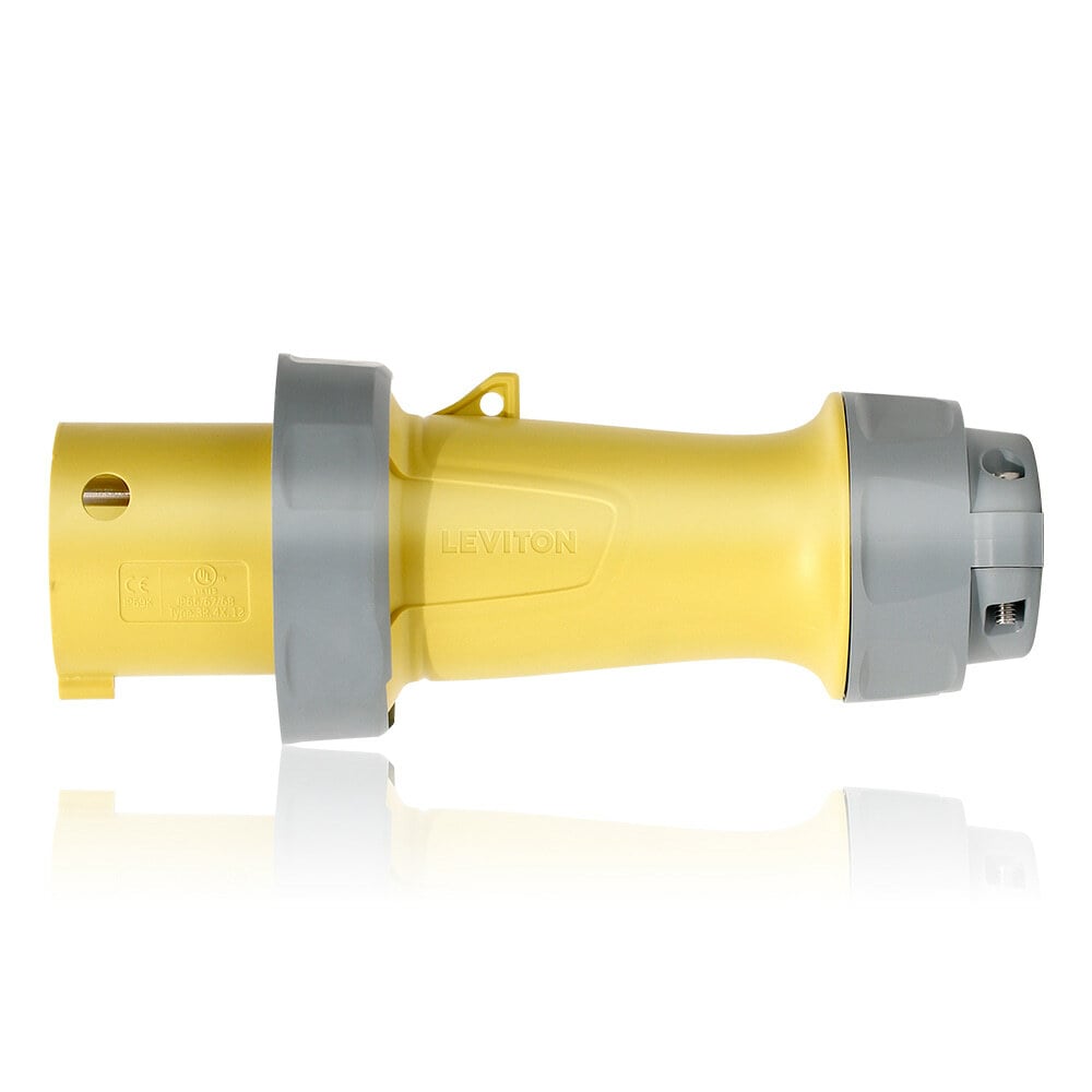360P4WLEV LEV Series 4-Clock Position Watertight Pin and Sleeve Plug, 125 V AC, 60 A, 2 Poles, 3 Wires, Yellow