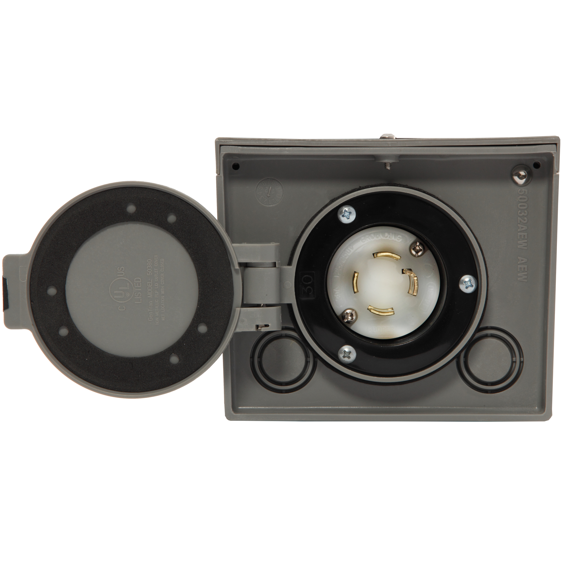 6340 30 Amp Power Inlet Box, 125/250V, raintight resin, NEMA L14-30 with spring-loaded flip lid