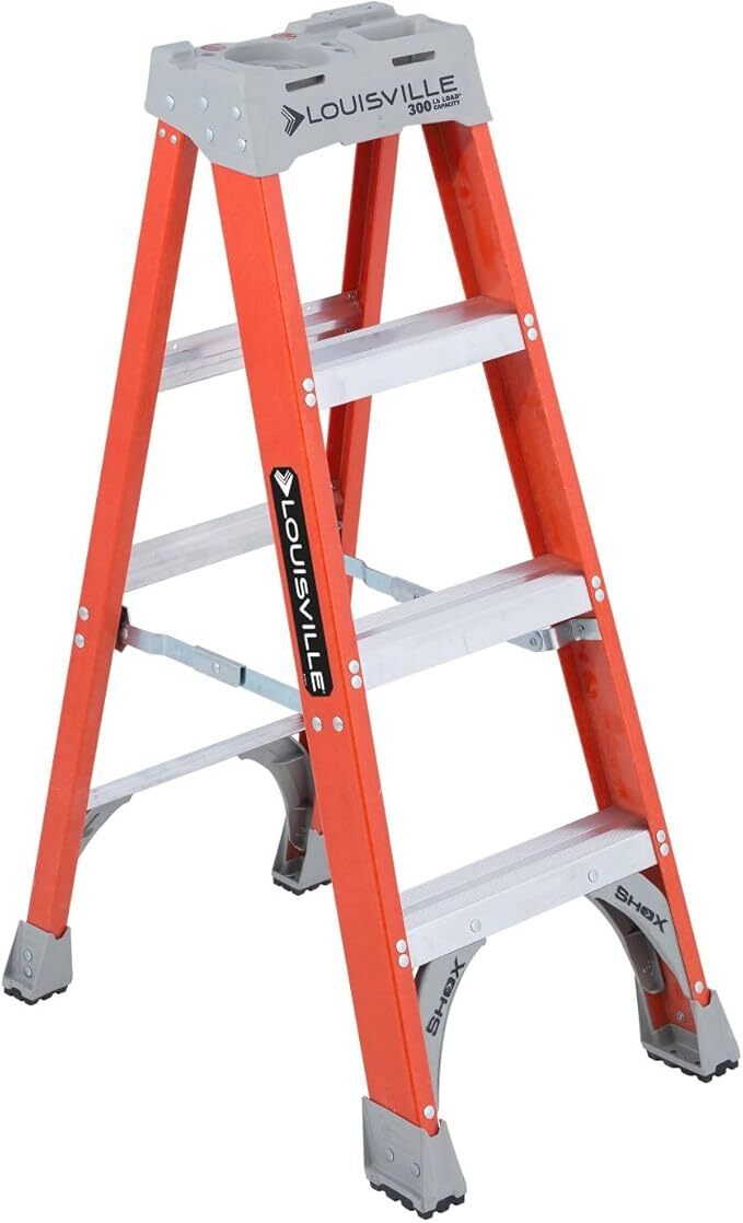 FS1504 FS1500 Type IA Ribbed Step Ladder, 4 ft H Ladder, 300 lb Load, 3 Steps, Fiberglass, A14.5