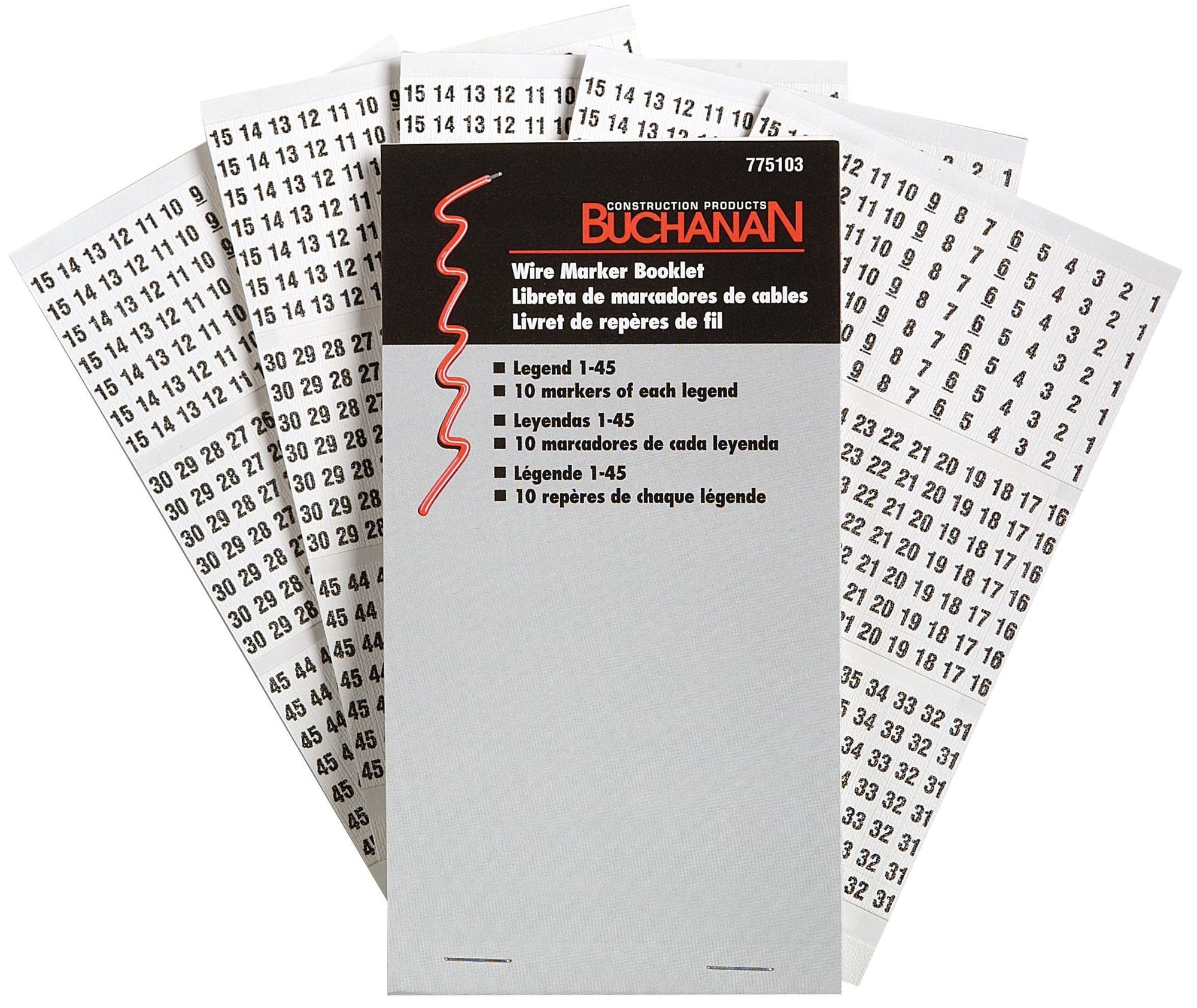 775103 Buchanan Pre-Printed Wire Marker Booklet, 1-1/2 in L x 1/4 in W, Black/White, Plastic Impregnated Cloth
