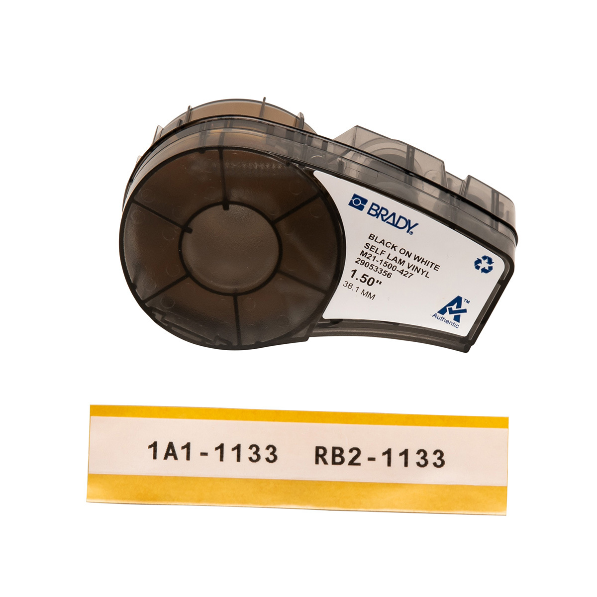 M21-1500-427 BMP21 Self-Laminating Cartridge Label, 14 ft L x 1-1/2 in W, Black on Translucent/White, B-427 Vinyl