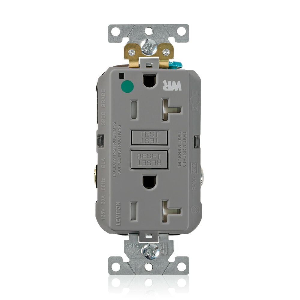 GFWT2-HGG SmartlockPro Duplex Feed Through Self-Test Slim Tamper/Weather Resistant GFCI Receptacle, 125 V AC, 20 A, 2 Poles, 3 Wires, Gray