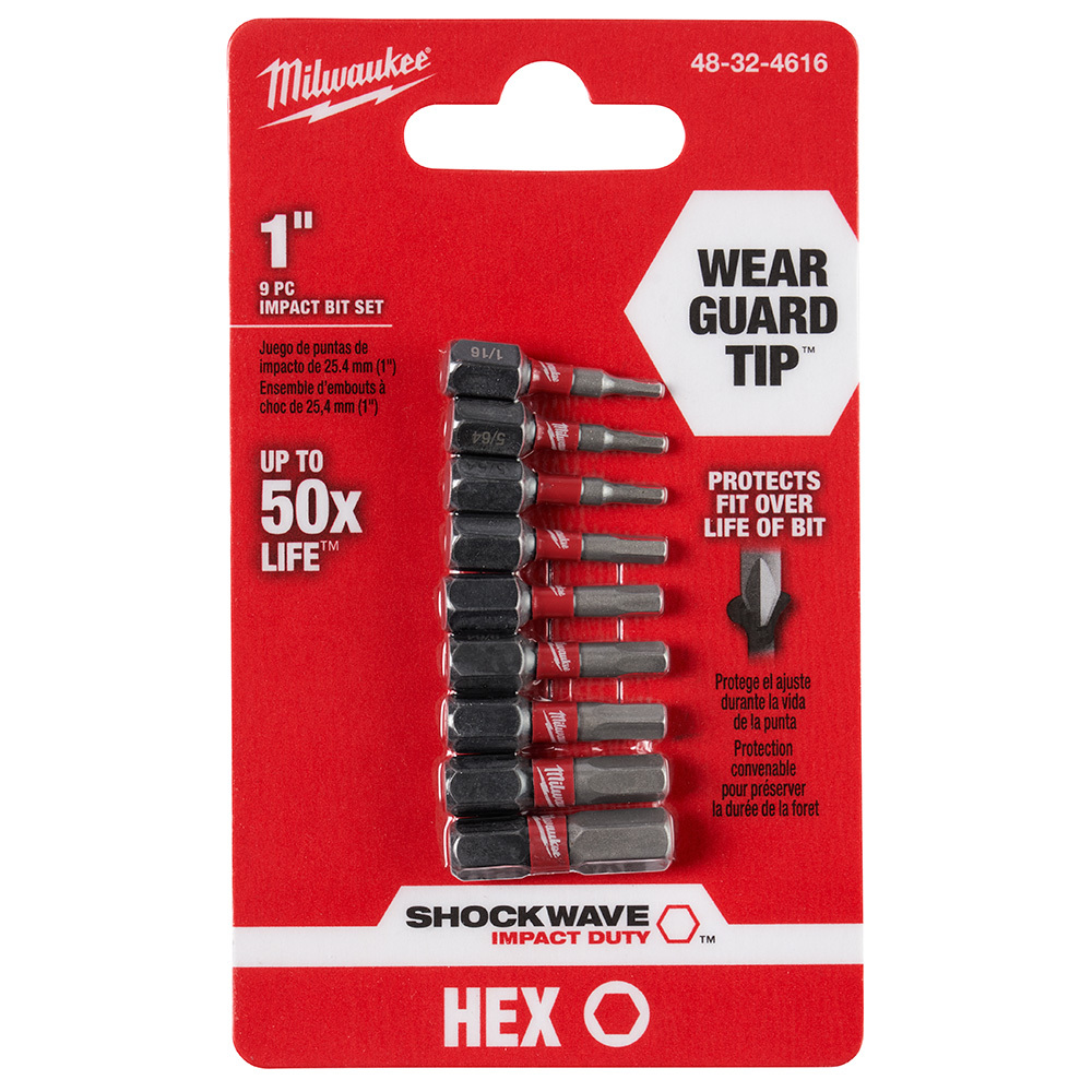 48-32-4616 Shockwave Insert Bit Set, 9 Pieces, 1 in L, Hex Drive, Custom Alloy76 Steel