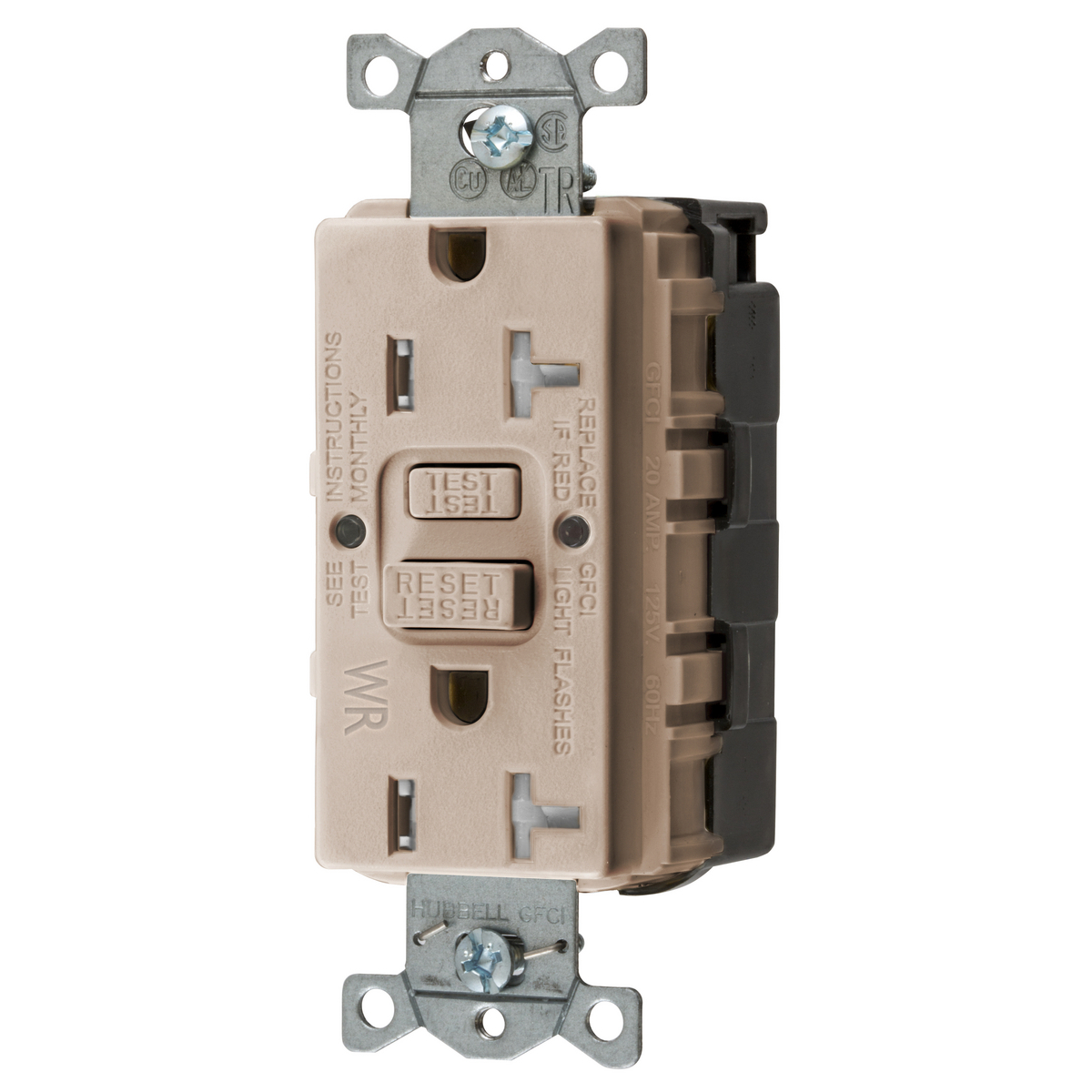 GFTWRST20SNAPAL 1-Phase Decorator Duplex Heavy Duty Self-Test Tamper/Weather-Resistant GFCI Receptacle, 125 VAC, 20 A, 2 Poles, 3 Wires, Almond