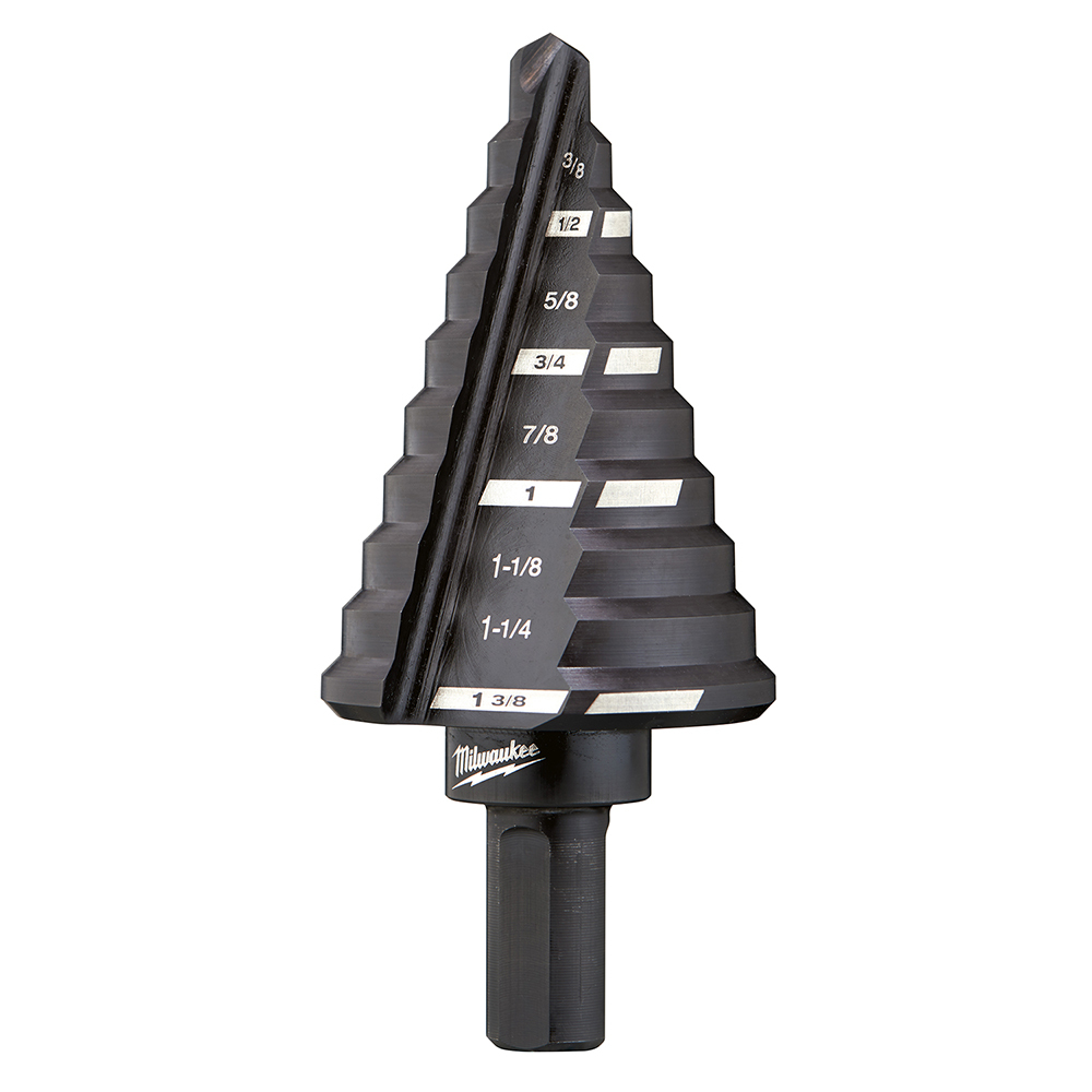 48-89-9205 Step Drill Bit, 1/4 in Dia Min Hole, 1-3/8 in Dia Max Hole, 10 Steps, HSS, 10 Hole Sizes, 3/8 in Shank