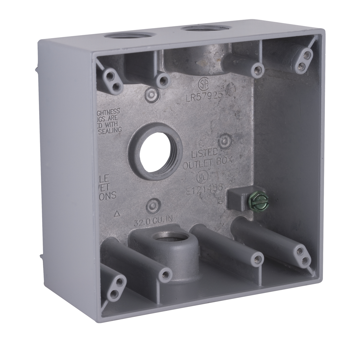 5335-0 Weatherproof Outlet Box With Lugs, Die Cast Aluminum, 31 cu-in, 2 Gangs, 4 Outlets, 4-1/2 in H x 4-1/2 in W x 2-1/8 in D