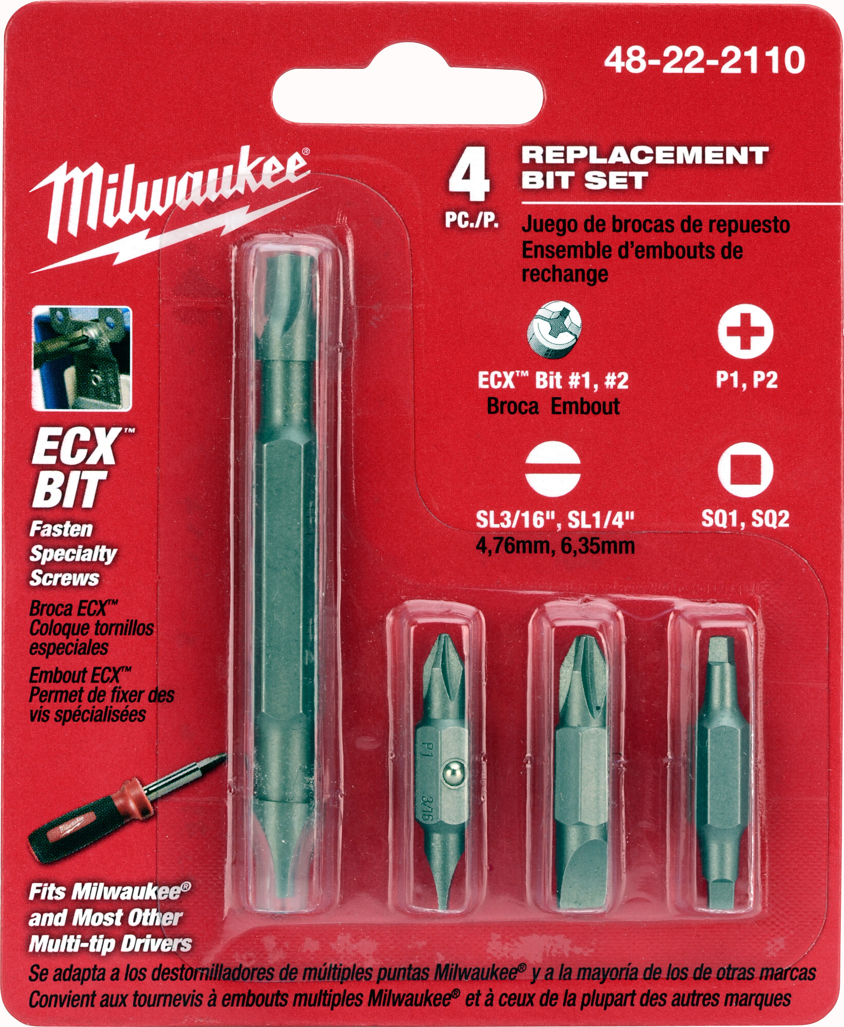 48-22-2110 11-in-1 Replacement Bit Set, Phillips/Slotted/Square Point, #1, #2, 3/16 in, 1/4 in Point, 4 Pieces, Steel