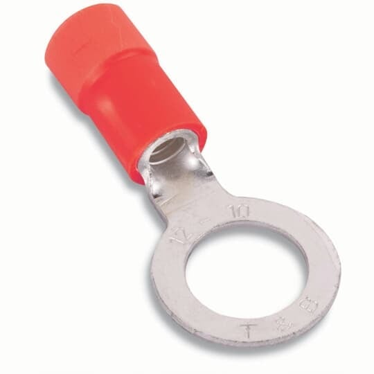 18RA-10X Sta-Kon RA Series Expanded Insulated Ring Terminal, 22 to 16 AWG Conductor, 0.97 in L, Brazed Seam Barrel, Copper, Red