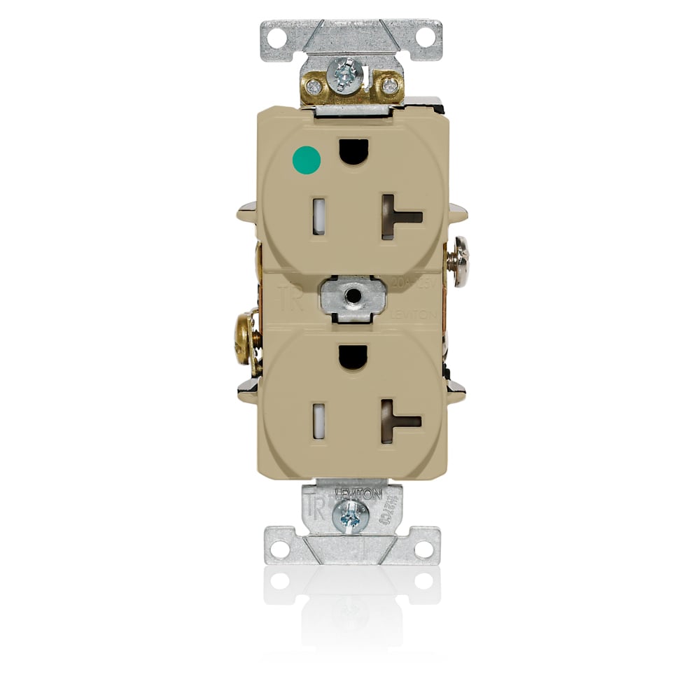 T8300-I T8300 Duplex Flat Smooth Face Heavy Duty Self-Grounding Standard Tamper-Resistant Straight Blade Receptacle, 125 V AC, 20 A, 2 Poles, 3 Wires, Ivory