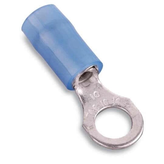 KN14-14R-M Spec-Kon Ring Terminal, 16 to 14 AWG Conductor, 1.094 in L, Brazed Seam/Funnel Entry/Internal Serration Barrel, Copper, Blue