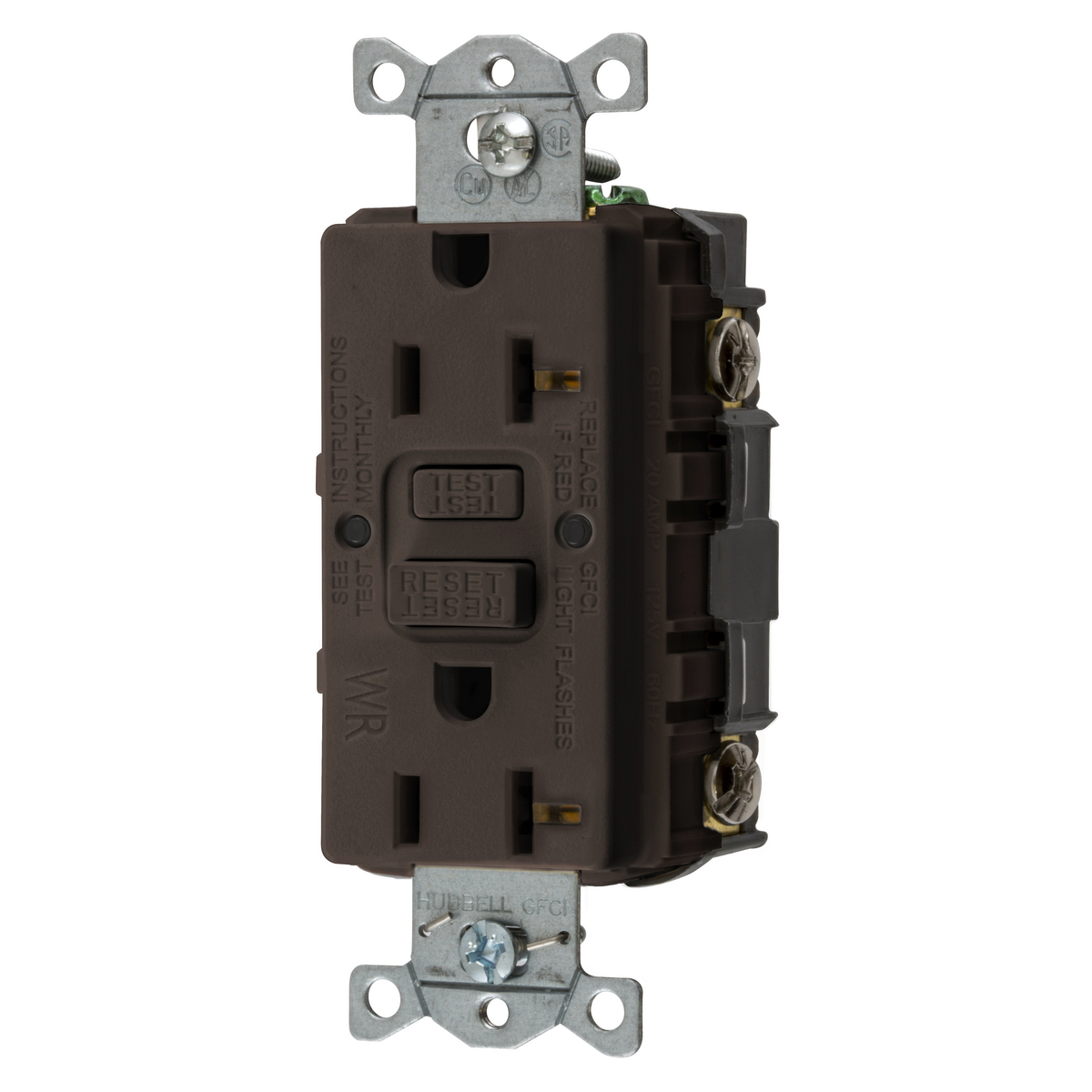 GFWRST20 1-Phase Decorator Duplex Heavy Duty Standard Self-Test Weather-Resistant Screw Mount GFCI Receptacle, 125 VAC, 20 A, 2 Poles, 3 Wires, Brown