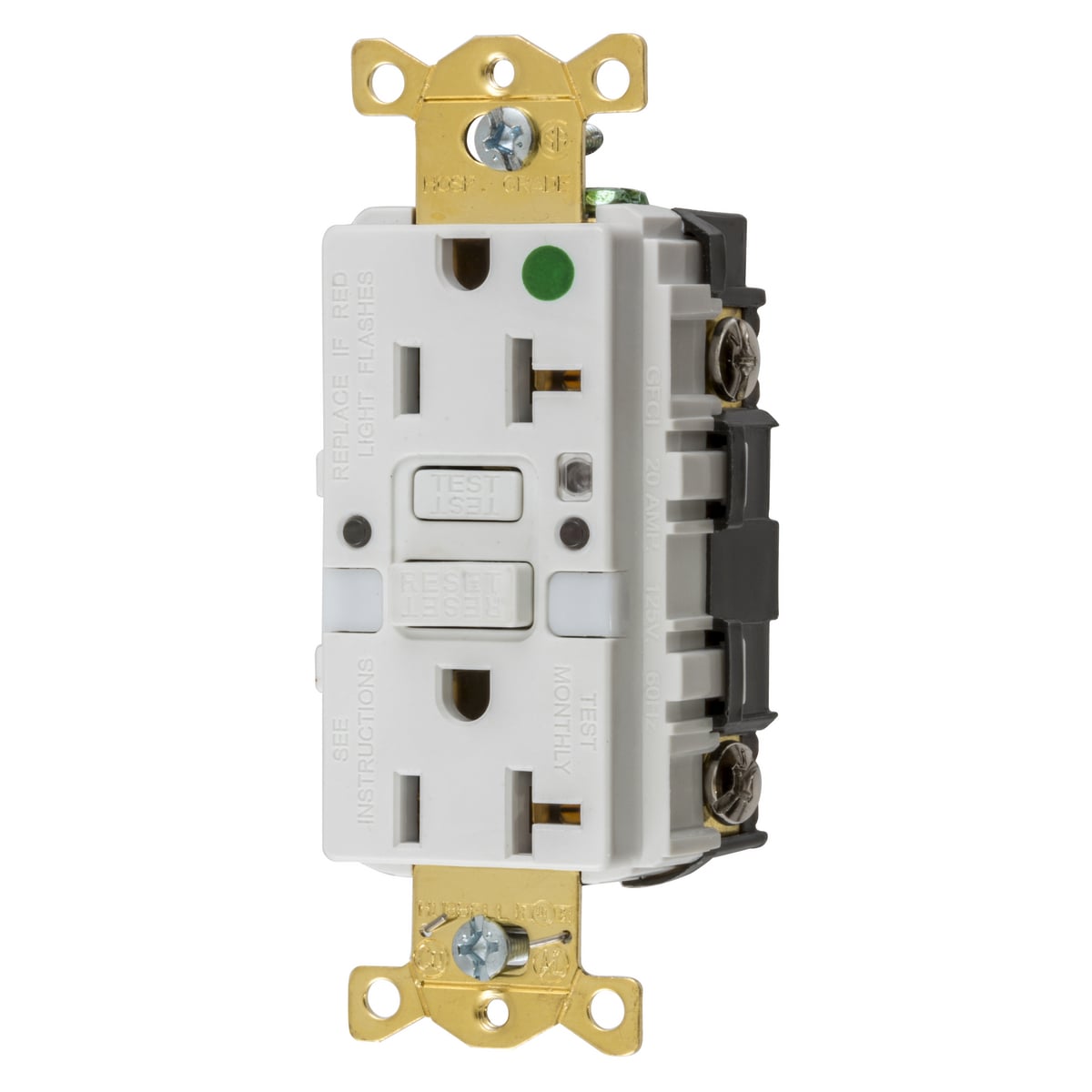 GFRST83WNL 1-Phase Grounding Heavy Duty Standard Self-Test Straight Blade Screw Mount GFCI Receptacle, 125 V AC, 20 A, 2 Poles, 3 Wires, White