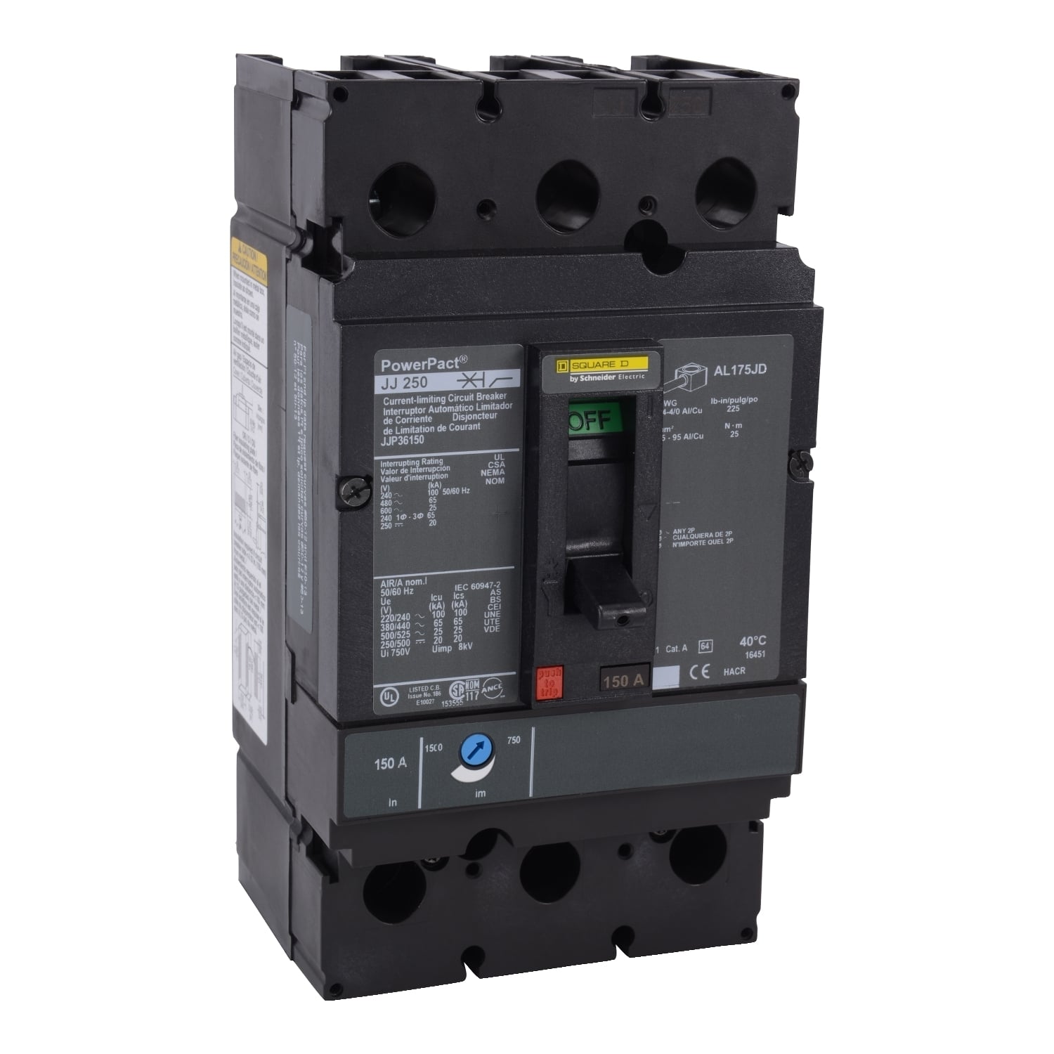 JJP36200 PowerPact Type JJP Molded Case Circuit Breaker, 600 VAC, 250 VDC, 200 A, 20/25/65/100 kA Interrupt, 3 Poles, Thermal Magnetic Trip