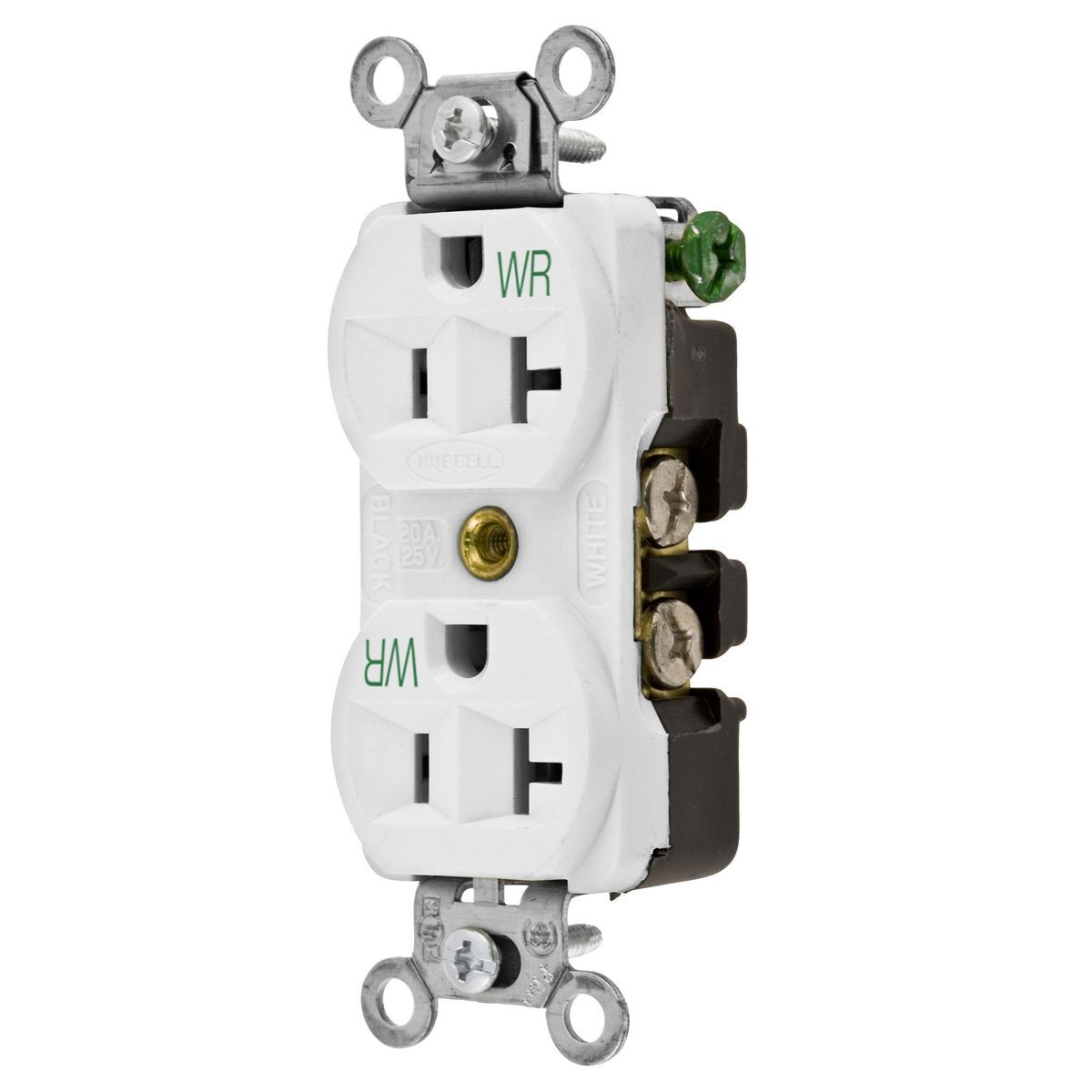 5362WWR 1-Phase Duplex Heavy Duty Standard Weather-Resistant Screw Mount Straight Blade Receptacle, 125 V AC, 20 A, 2 Poles, 3 Wires, White