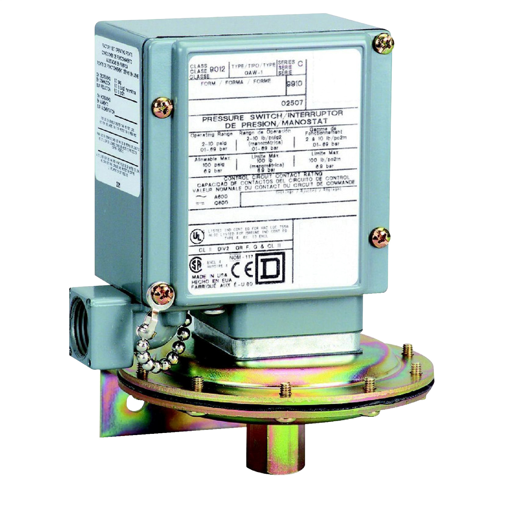 pressure switch 9012G - adjustable scale - 2 thresholds - 0.2 to 10 psig