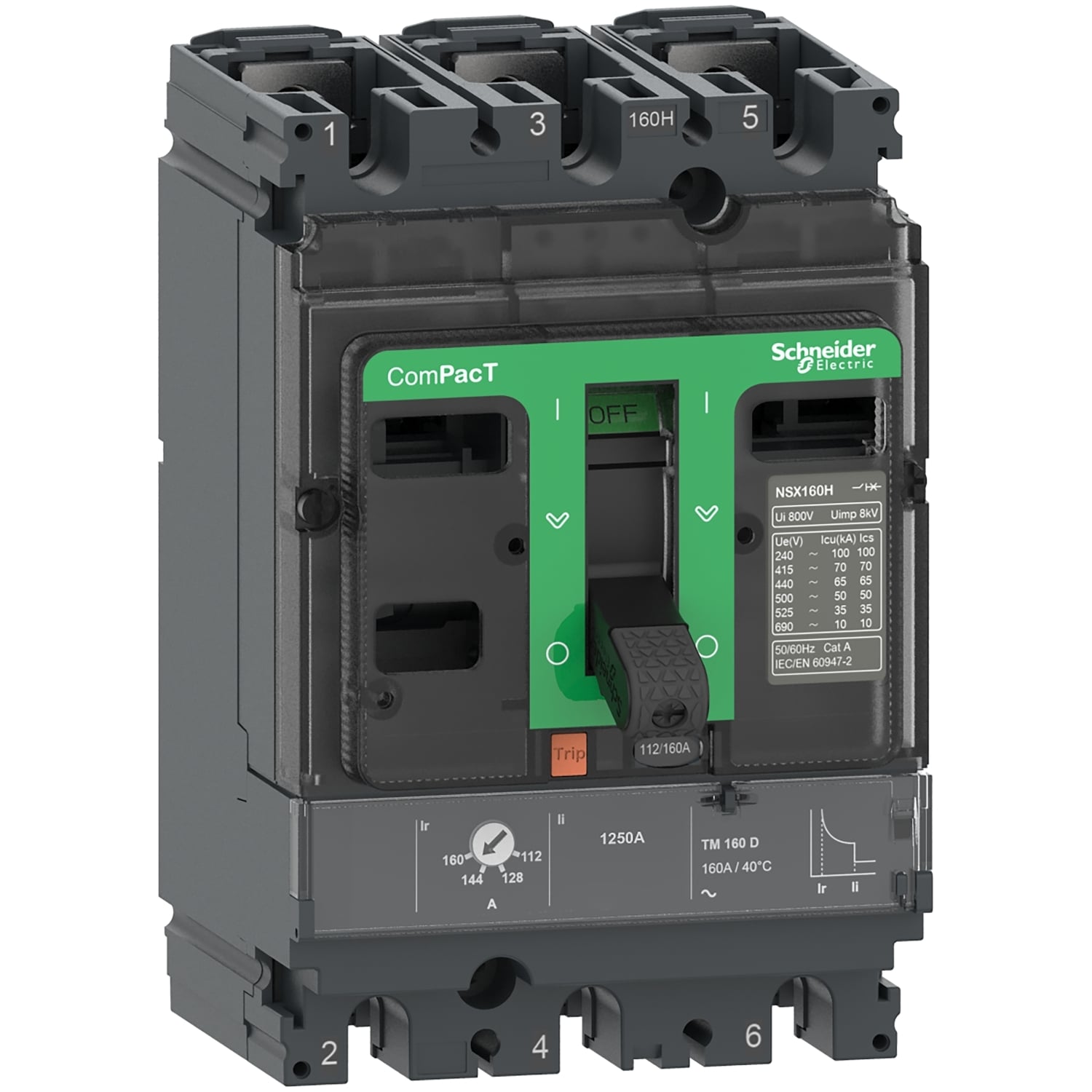 C10F3TM063 Circuit Breaker, 690 V AC, 63 A, 36 kA Interrupt, 3 Poles, Thermal/Magnetic Trip