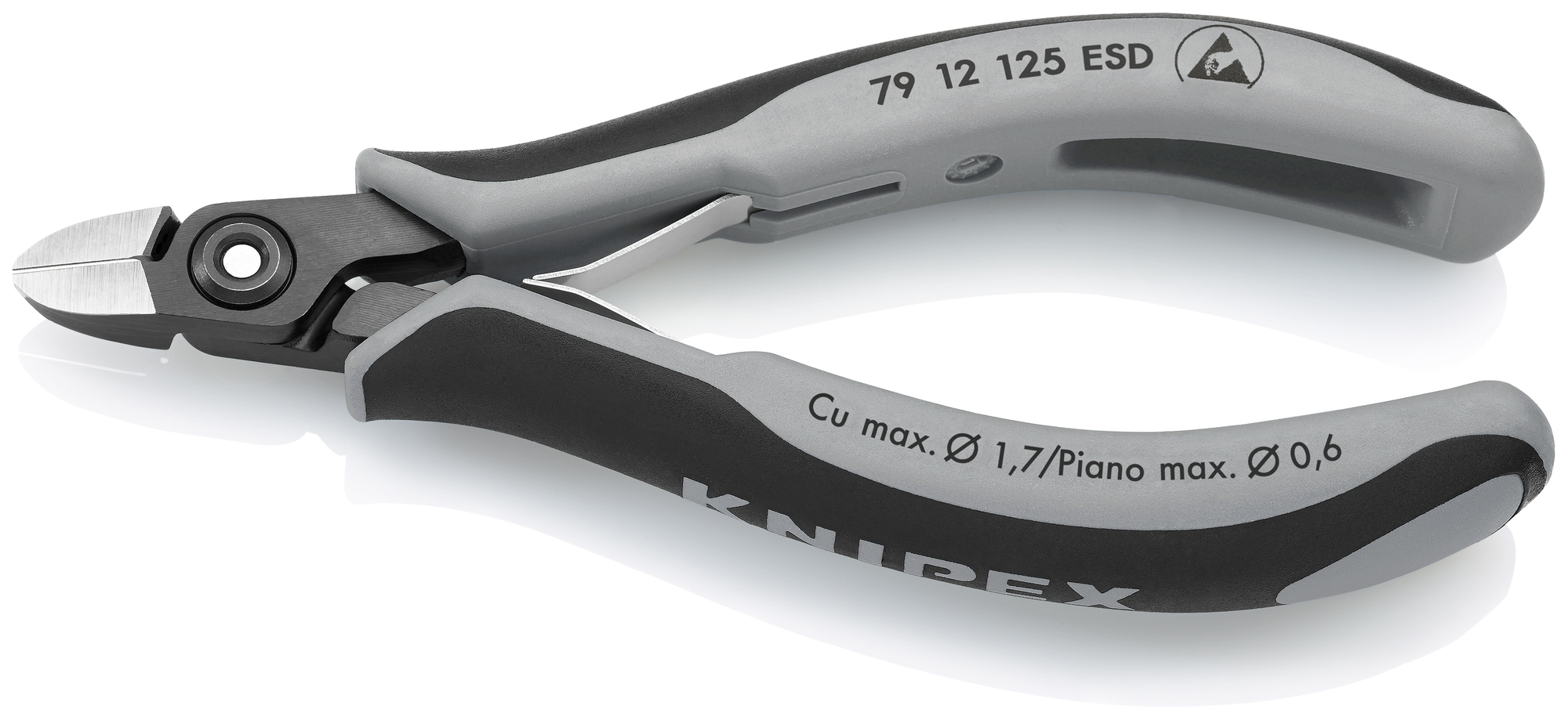 Electronics Diagonal Cutters-ESD Handles, 5 in., Multi-Component, Polished, Semi-Flush with very Small Bevel Cut, Oval Head, Up to 1/64 in. Piano Wire