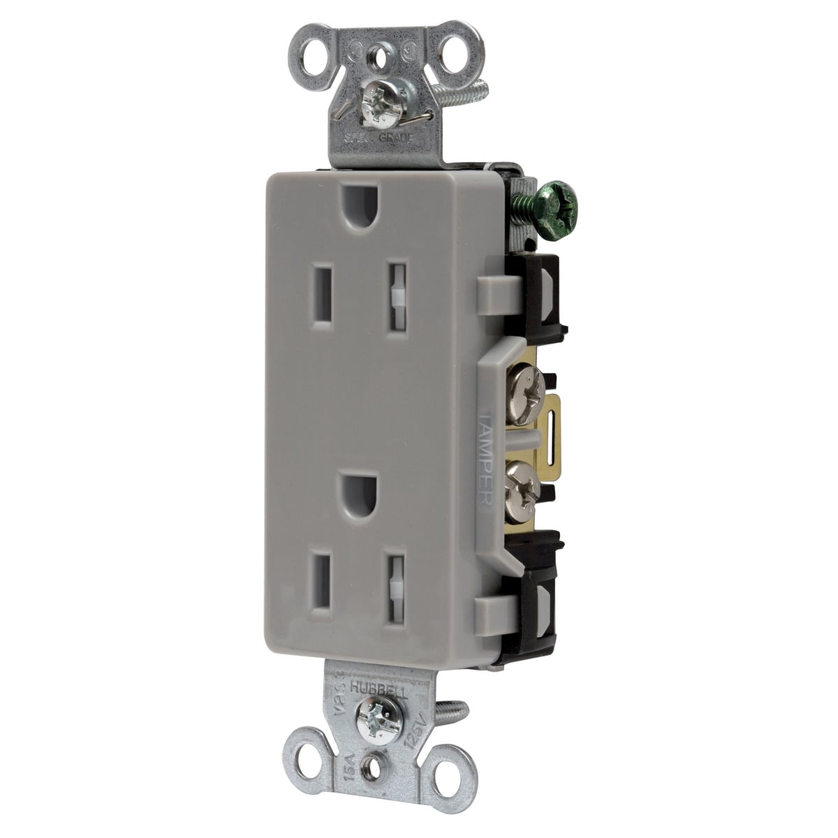 DR15GRYTR 1-Phase Decorator Duplex Standard Tamper-Resistant Screw Mount Straight Blade Receptacle, 125 V AC, 15 A, 2 Poles, 3 Wires, Gray