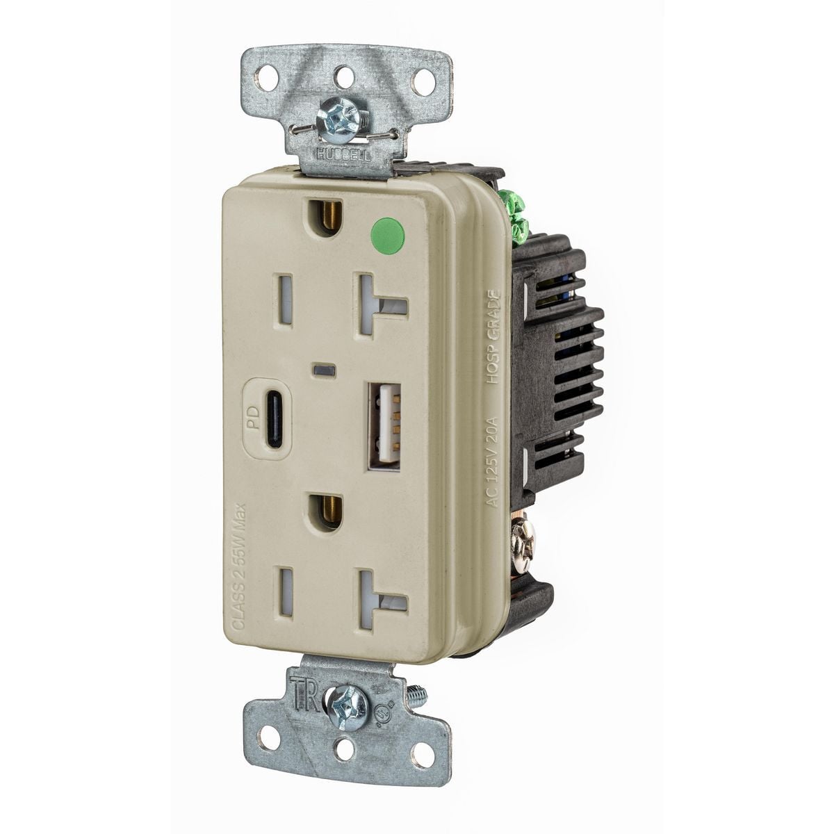 USB8300ACPDI Hospital Grade USB Charger Tamper Resistant USB, Electrical Ratings: 125 V AC, 20 A, 2 Poles, 3 Wires, Ivory