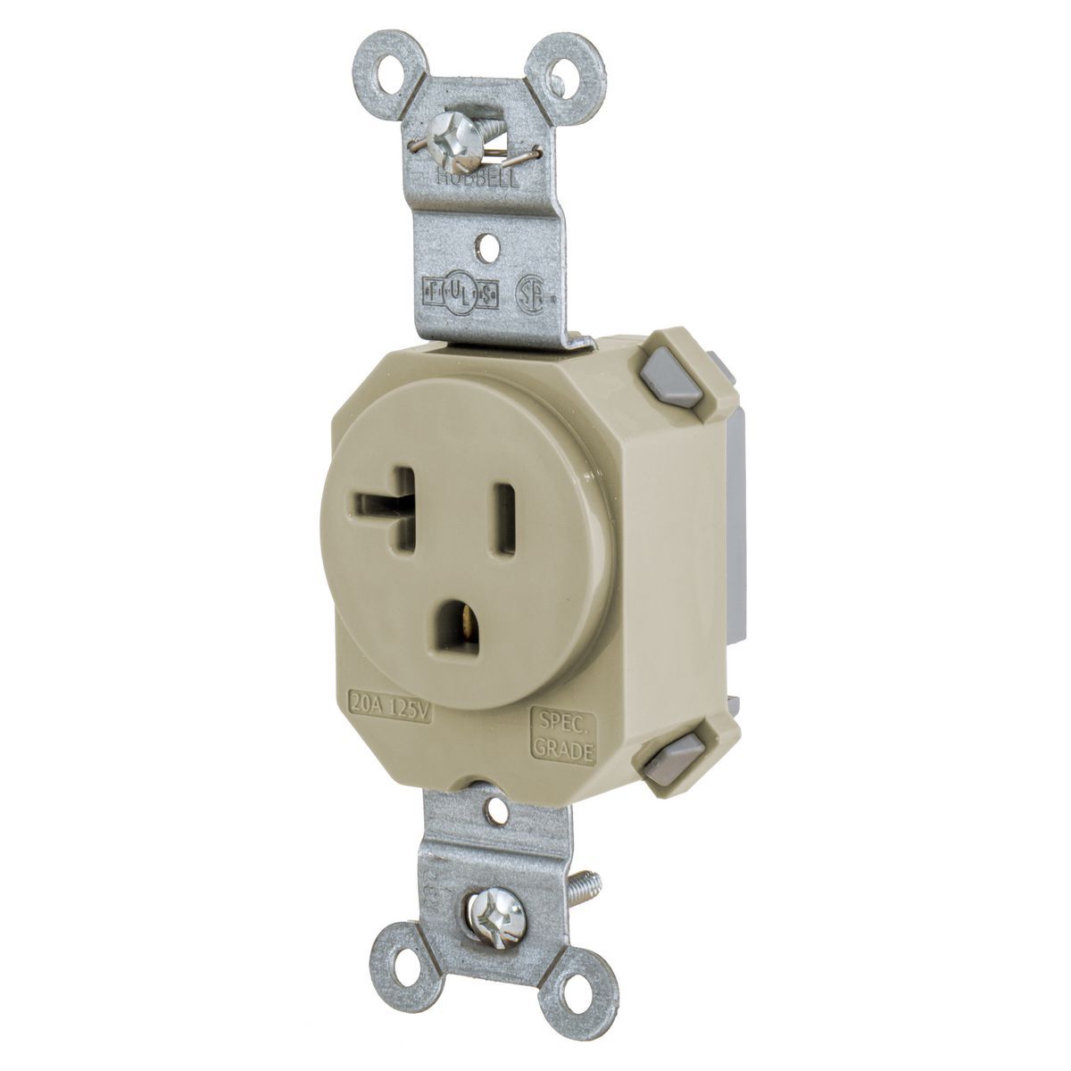 SNAP5361I 1-Phase Extra Heavy Duty Grounded Single Standard Straight Blade Receptacle, 125 V AC, 20 A, 2 Poles, 3 Wires, Ivory