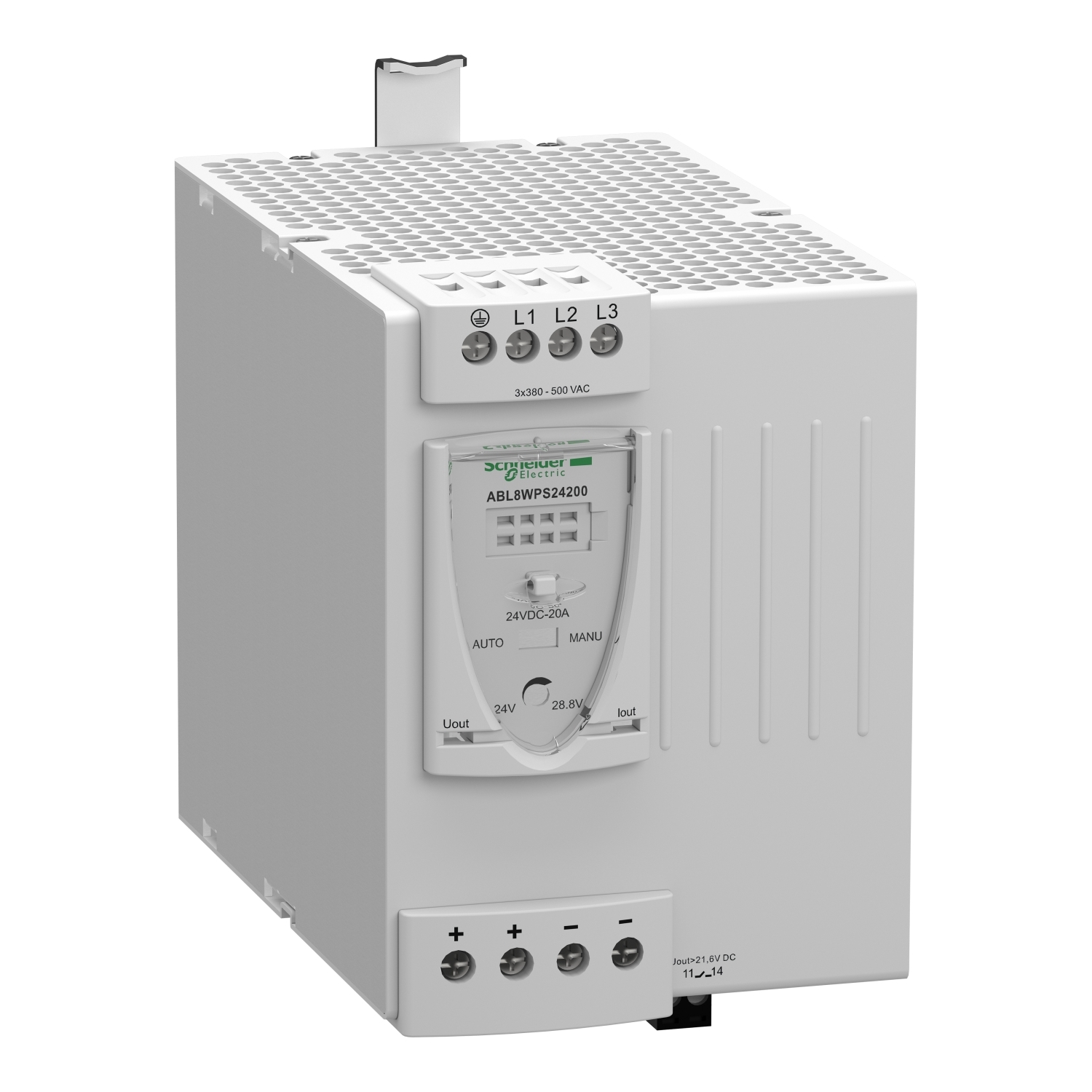 ABL8WPS24200 Phaseo Regulated Switch Mode Power Supply, 24 V DC Input, 480 W Power Rating, 20 A, DIN Rail Mount