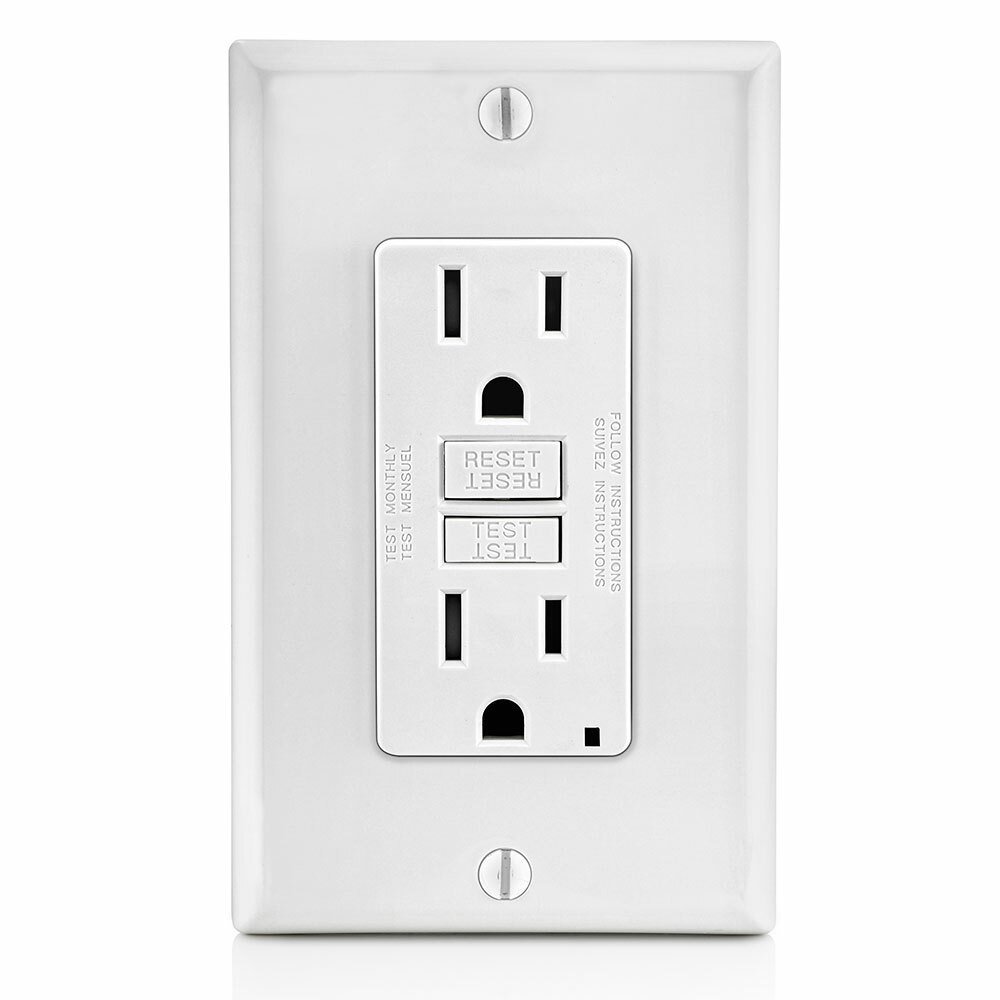 GFTR1-FW Feed Through Self-Test Slim Tamper Resistant GFCI Receptacle With White Test, Reset Button, 120 V AC, 15 A, 2 Poles, 3 Wires, White