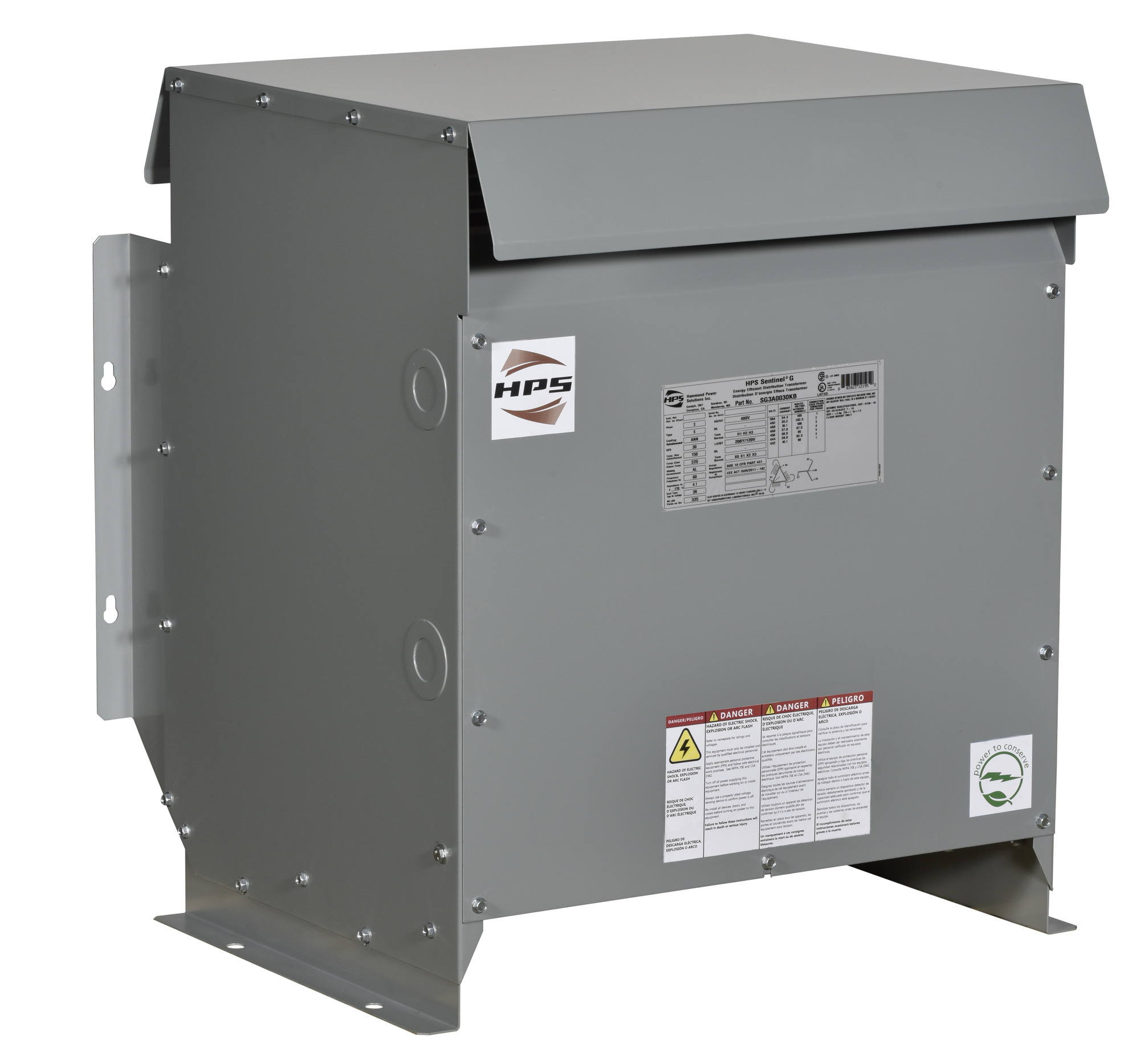 SG3A0030KB Sentinel G Energy Efficient General Purpose Distribution Transformer, 480 Delta V AC Primary, 208Y/120 VAC Secondary, 30 kVA Power Rating, 60 Hz, 3 Phase