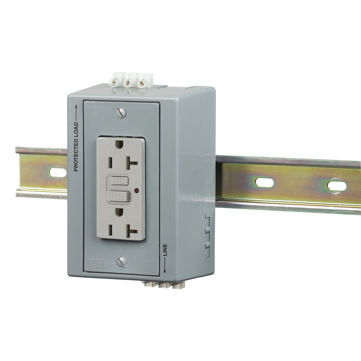 DRUBGFI20 GFCI Duplex Receptacle Din Rail Utility Box With GFCI Duplex, 125 V AC, 20 A, 1 hp Power Rating, 2 Poles, 3 Wires