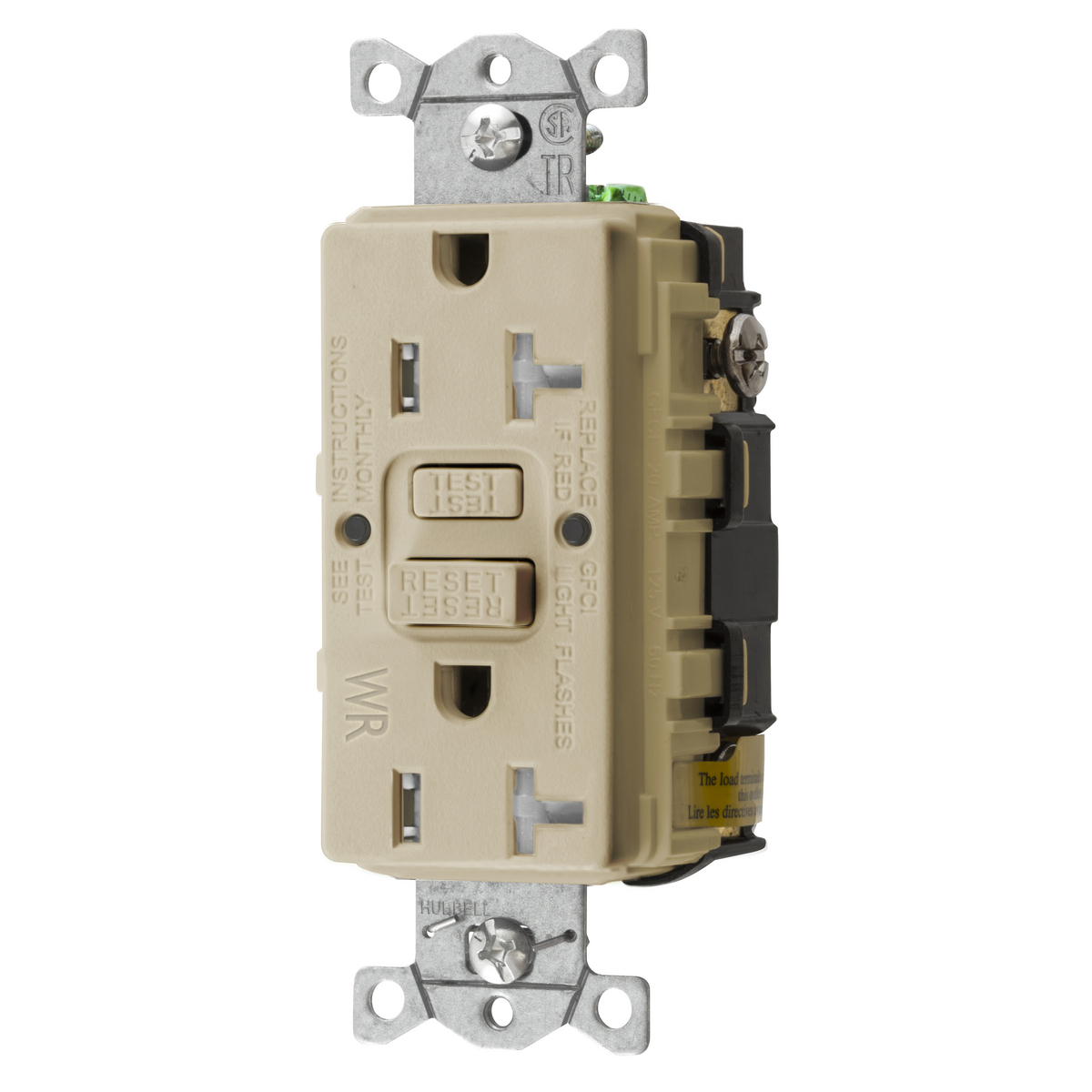 GFTWRST20IU 1-Phase Decorator Duplex Self-Test Screw Mount GFCI Receptacle, 125 V AC, 20 A, 2 Poles, 3 Wires, Ivory