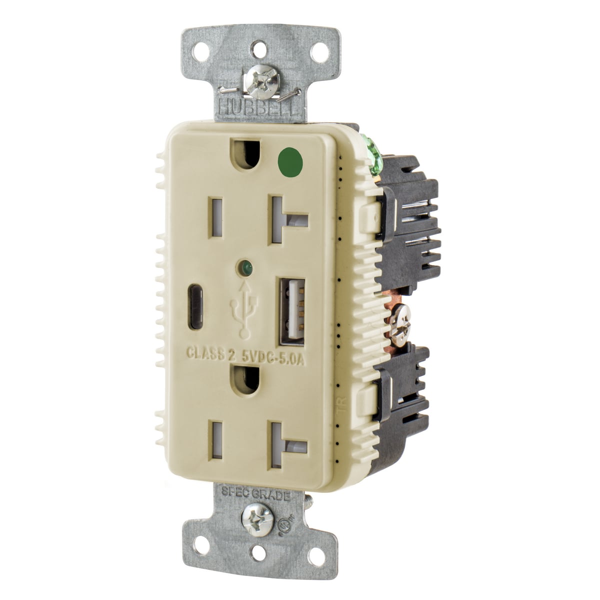USB8300AC5I Duplex Grounding Tamper-Resistant Standard USB Charger Receptacle With Green LED, 125 V AC, 20 A, 1 hp, 2500 W, 1 Phase, 2 Poles, 3 Wires, Ivory