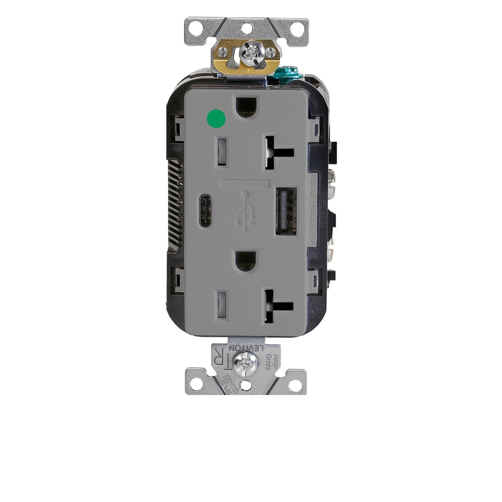 T5833-HGG Decora Plus Combination Heavy Duty Self-Grounding Smooth Face Tamper-Resistant Duplex Receptacle and USB Charger, 125 V AC, 20 A, 2 Poles, 3 Wires, Gray