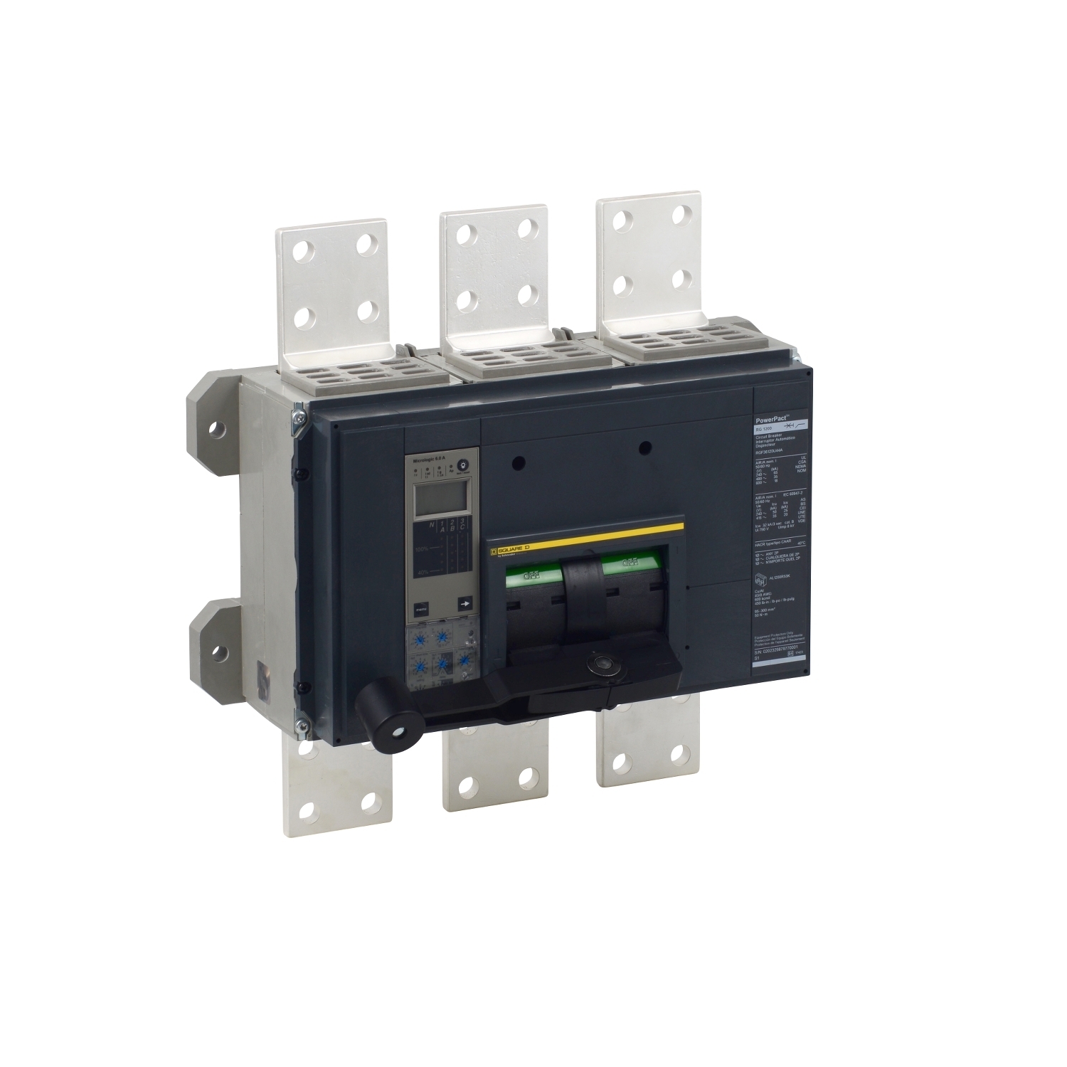 RLF36200CU44A PowerPact MasterPact Type RL 100% Rated Molded Case Circuit Breaker, 600 V AC, 2000 A, 50/100/125 kA Interrupt, 3 Poles, Electronic Trip