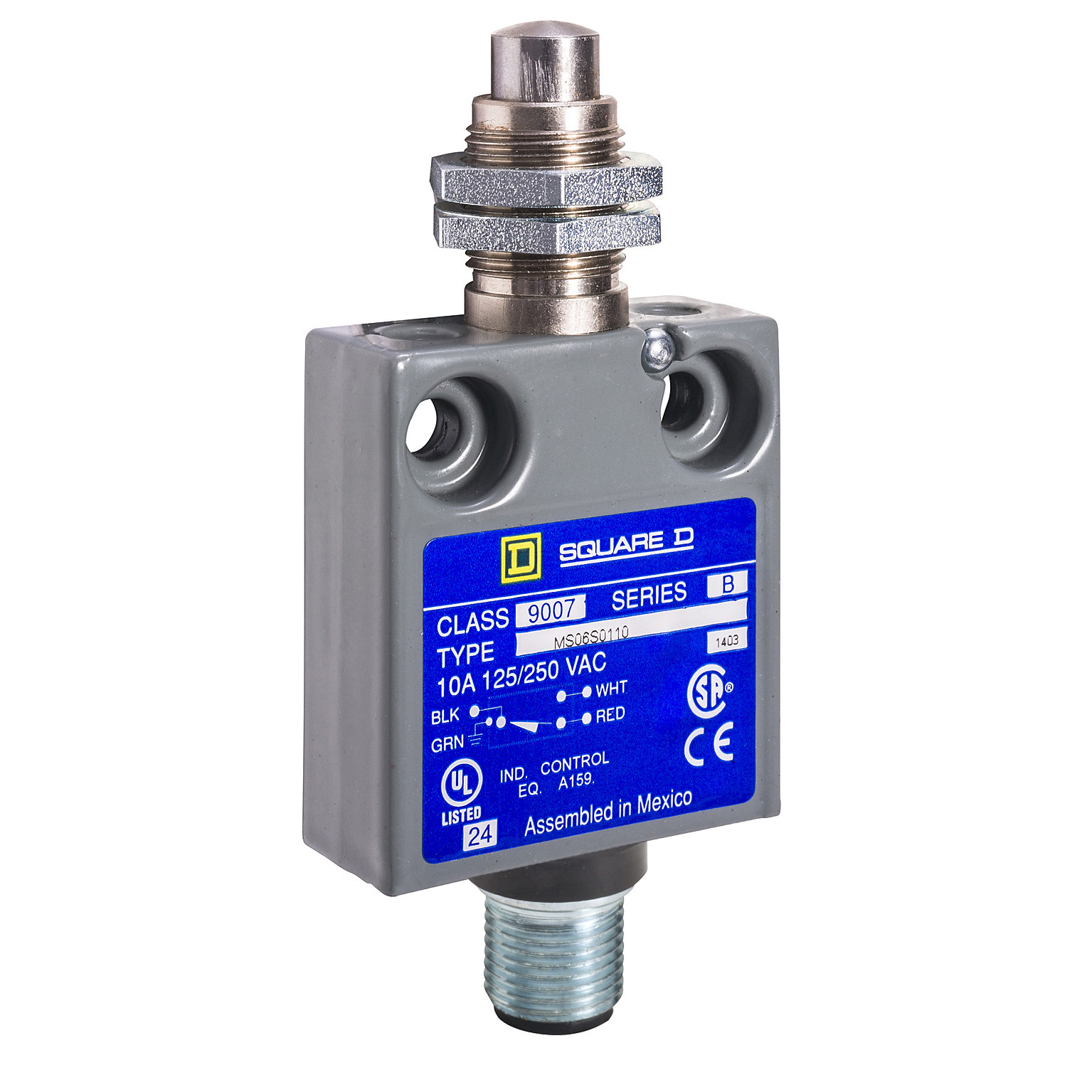 9007MS06G0082 Fixed Potted Miniature Limit Switch, 300 V, 10 A, Plunger Actuator, 1NO-1NC Contact, 1 Pole