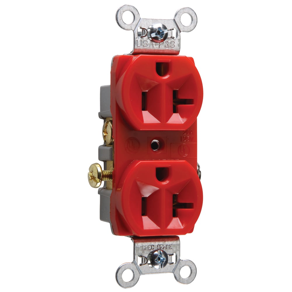 CR20RED 20 Amp 125V Commercial Spec-Grade Duplex Receptacle, Side Wire, Red