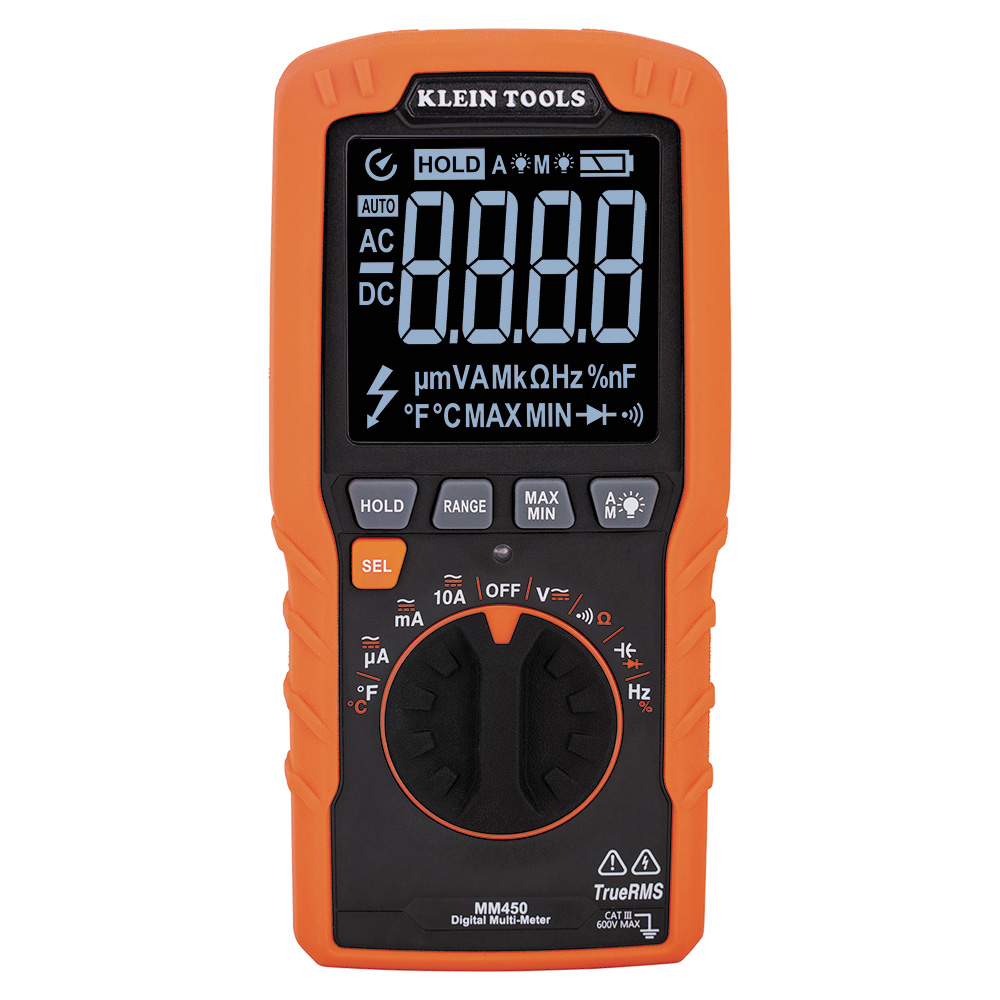 Klein Tools MM450 Multimeter is a TRMS auto-ranging slim multimeter that measures AC/DC voltage, AC/DC current, and resistance. It can also measure temperature, capacitance, frequency, duty-cycle, and test diodes and continuity. It features a high visibility, reverse contrast display with an optical sensor to automatically optimize viewing in dark or bright ambient light. The slim profile of the MM450 makes this meter almost the size of a cell phone and it conveniently fits into most pockets. The MM450 features the same quality leads you have come to expect from the Digital Multimeter line at Klein Tools. Years of field research, combined with extensive input from electricians across America, inspired the development of meters and electrical testers loaded with innovative, time-saving features.