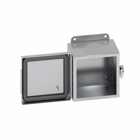 Eaton B-Line series JIC panel enclosure, 10" height, 4" length, 8" width, NEMA 4X, Hinged cover, 4XSS6CHC enclosure, Wall mount, Small single door, External mounting feet, 316 stainless steel, Seamless poured in-place gasket