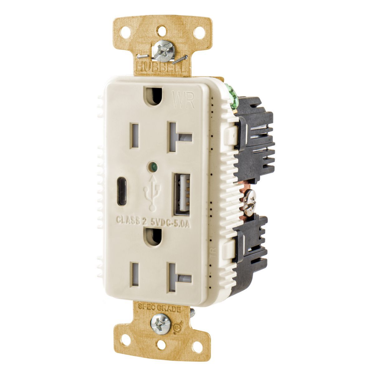 USB20AC5LAWR Decorator Duplex Grounding Tamper/Weather-Resistant USB Charger Receptacle With Green LED, 125 V, 20 A, 1 Phase, 2 Poles, 3 Wires, Light Almond
