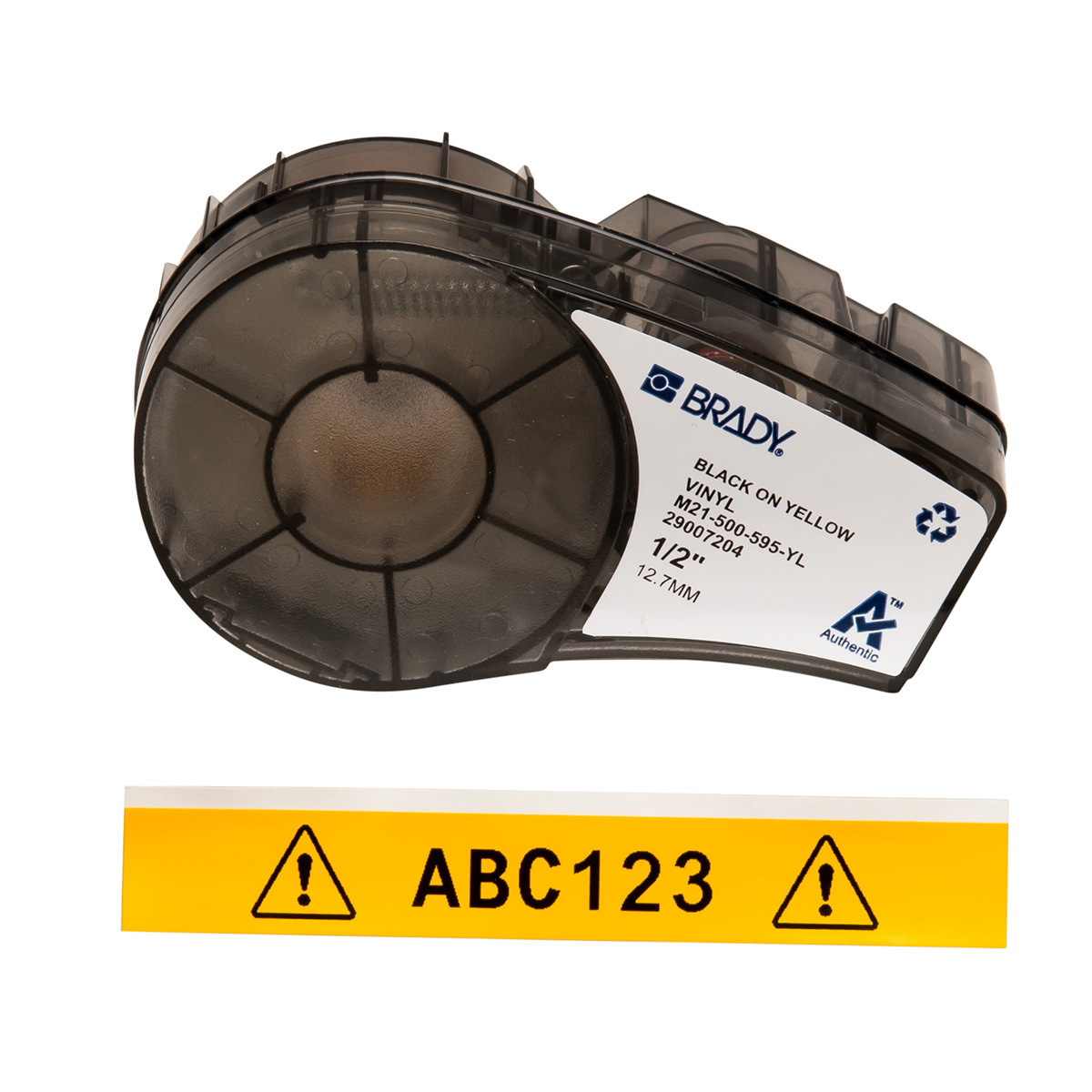 M21-500-595-YL BPM21 Label Marker Cartridge, 21 ft L x 1/2 in W, For Use With BMP 21 PLUS Portable Label Printers, IDPAL and LABPAL Handheld Label Maker, B-595 Vinyl, Black on Yellow