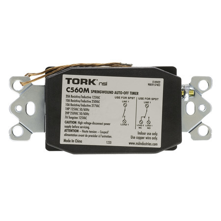 C560M Tork Auto Off Interval Mechanical Spring Wound Timer, 60 min Setting, 125/250/277 V AC, 1 hp, 2 hp, 1 Form C SPDT Contact, 1 Pole