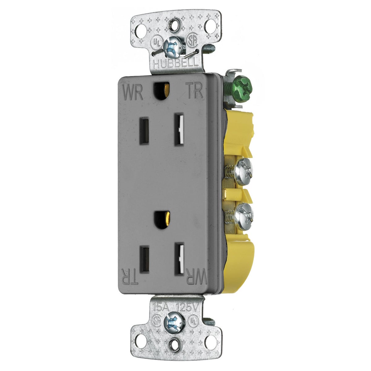 RRD15SGYWRTR 1-Phase Decorator Duplex Self-Grounding Standard Tamper Weather-Resistant Straight Blade Receptacle, 125 V AC, 15 A, 2 Poles, 3 Wires, Gray