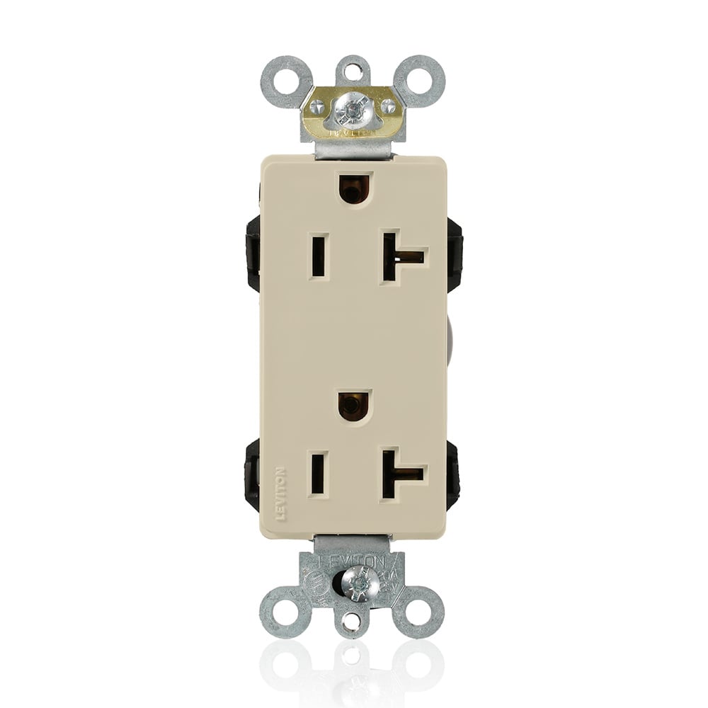 M1636-I Decora Plus Lev-Lok 1-Phase Duplex Heavy Duty Self-Grounding Straight Blade Receptacle, 125 V AC, 20 A, 2 Poles, 3 Wires, Ivory