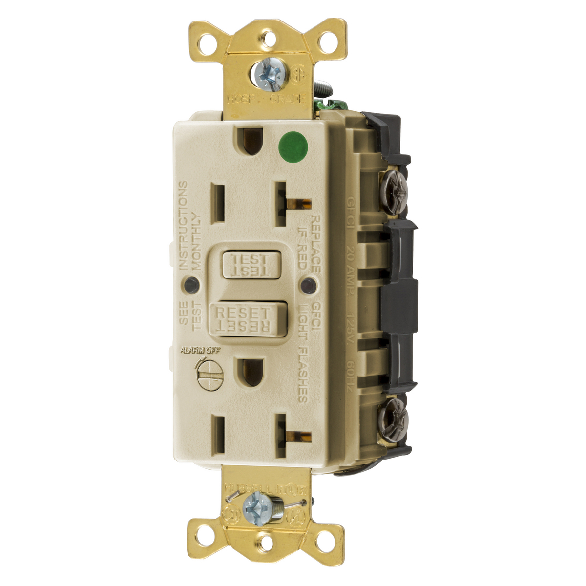 GFRST83IB 1-Phase Self-Test Standard Screw Mount GFCI Receptacle With Alarm, 125 V AC, 20 A, 2 Poles, 3 Wires, Ivory