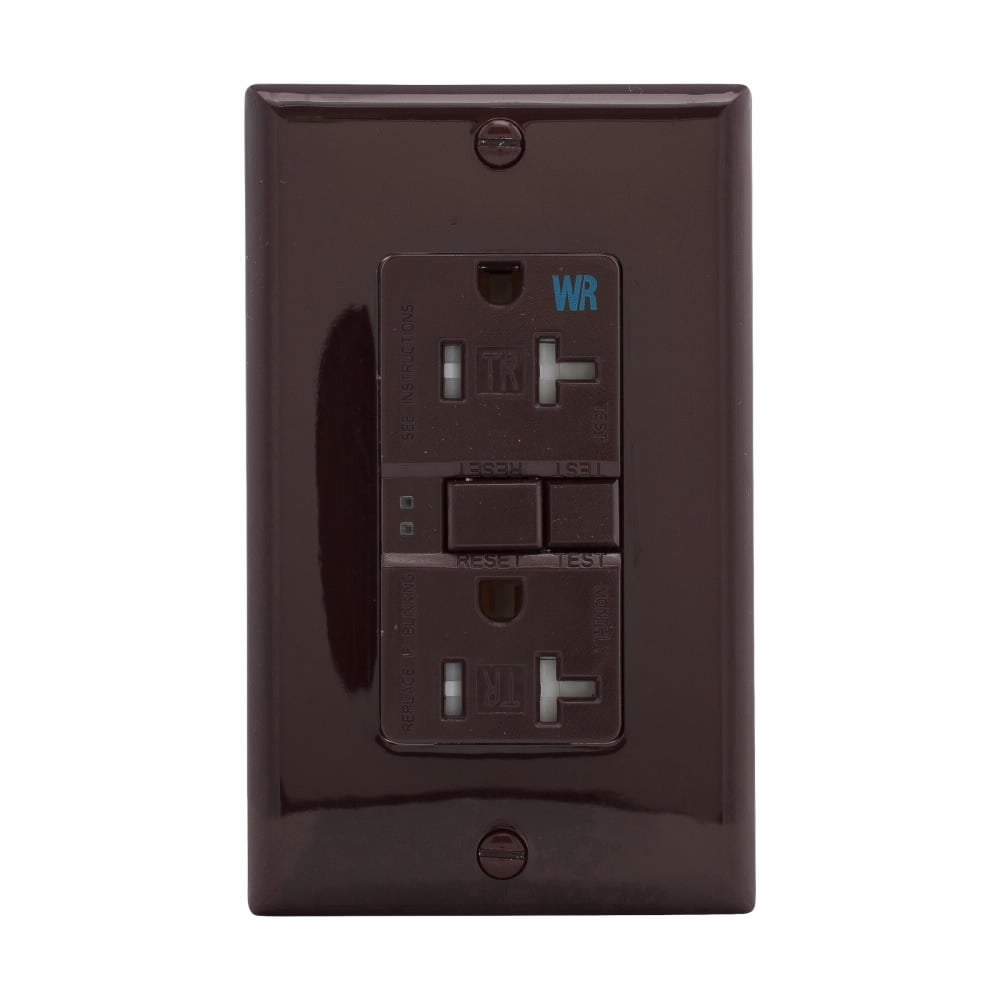 Eaton GFCI receptacle,Weather resistant,Tamper resistant,Self-test,#14 - 10 AWG,20A,Residential,Commercial,Flush,125 V,Back and side wire,Brown,Brass,Tamper and weather resistant,Polycarbonate,5-20R,Two-pole, three-wire, grounding