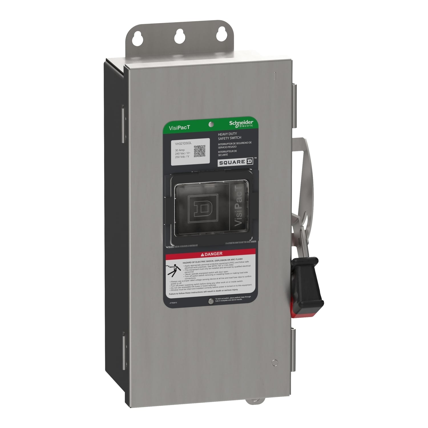 VH321DSGL Heavy Duty Fusible Disconnect Safety Switch, 240 VAC, 250 VDC, 30 A, 1.5, 3, 5, 7.5 hp, 3 Poles