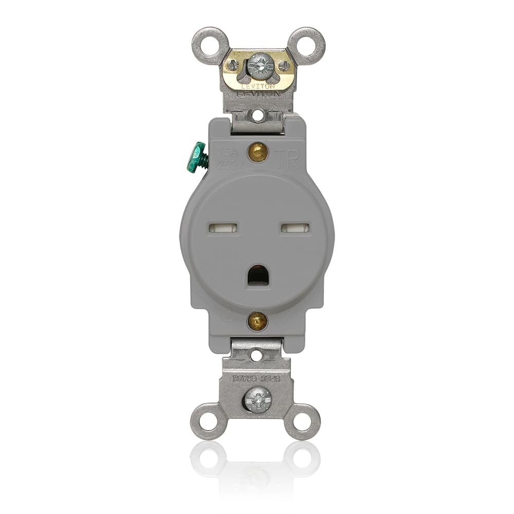 T5661-GY T5661 Heavy Duty Self-Grounding Single Smooth Face Standard Straight Blade Receptacle, 250 V AC, 15 A, 2 Poles, 3 Wires, Gray